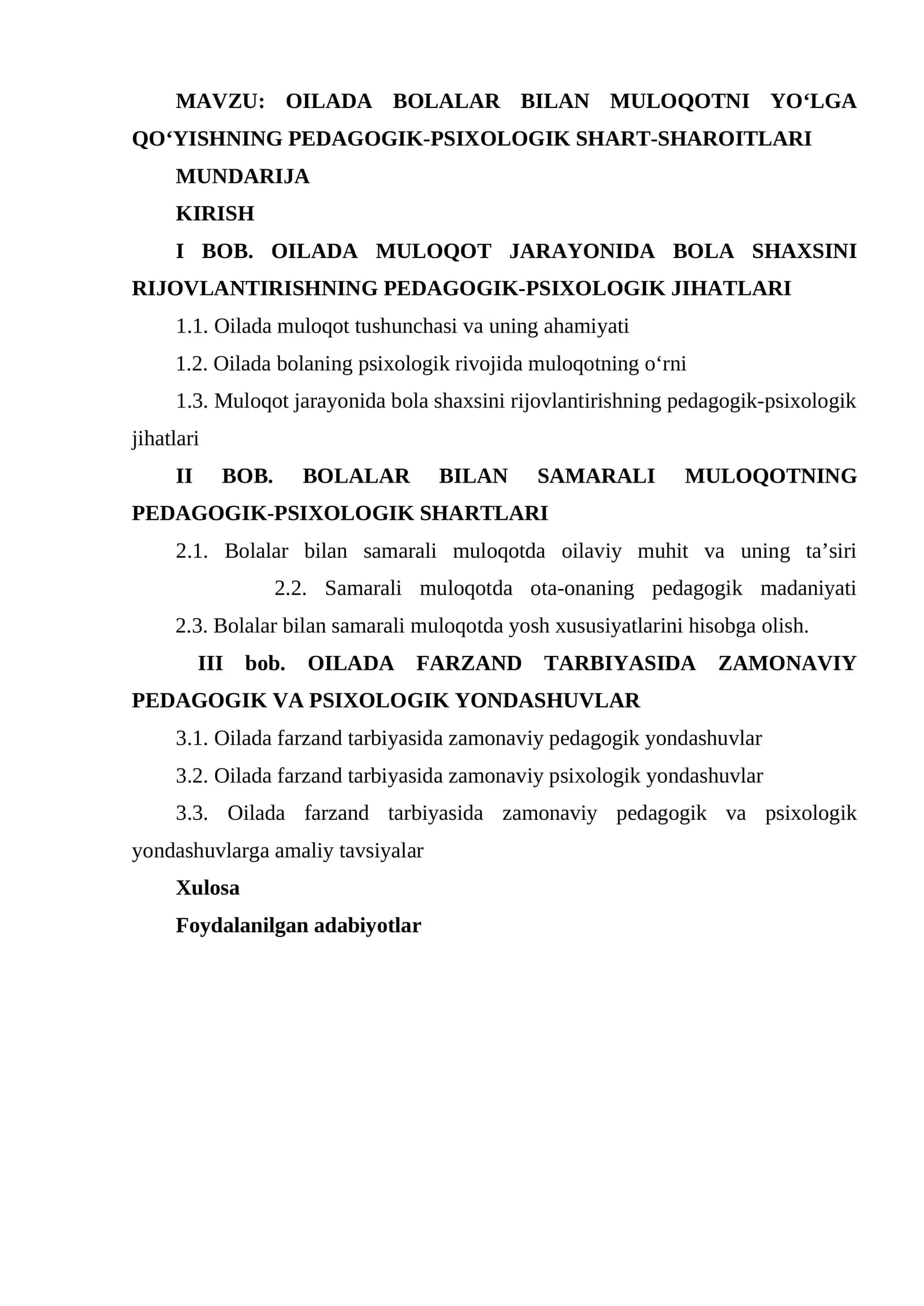 OILADA BOLALAR BILAN MULOQOTNI YO‘LGA QO‘YISHNING PEDAGOGIK-PSIXOLOGIK SHART-SHAROITLARI