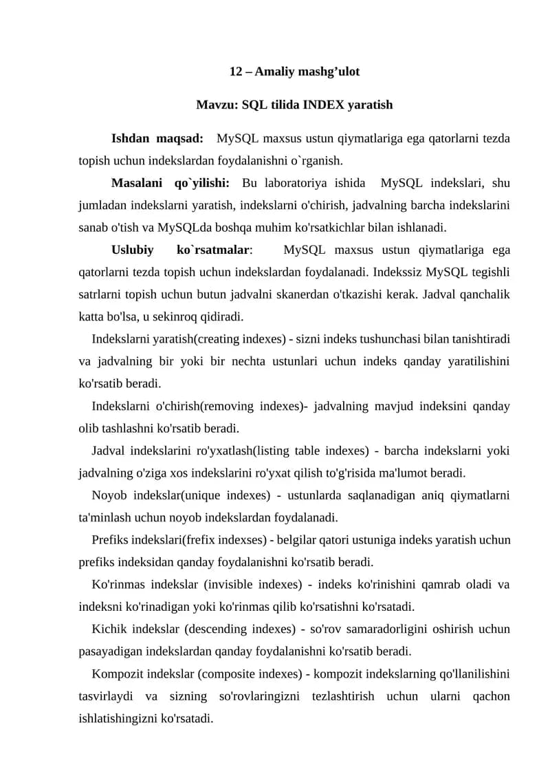 SQL tilida INDEX yaratish