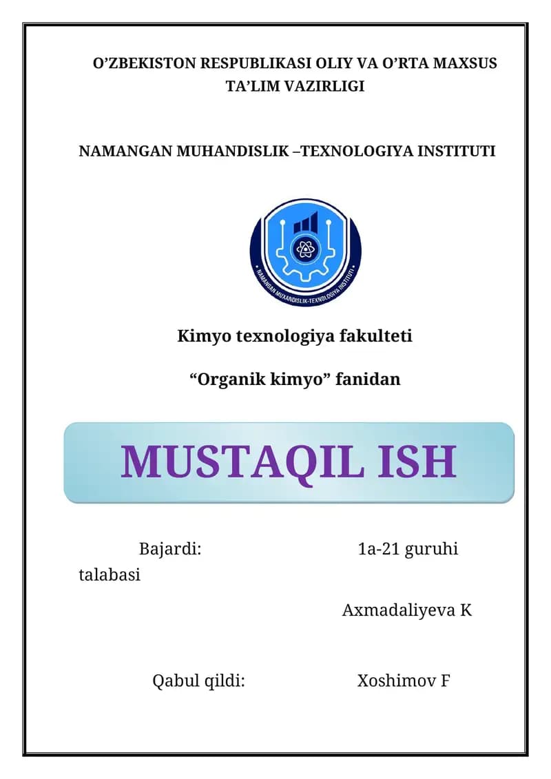 Organik moddalarni sifati jixatidan tadqiq qilish