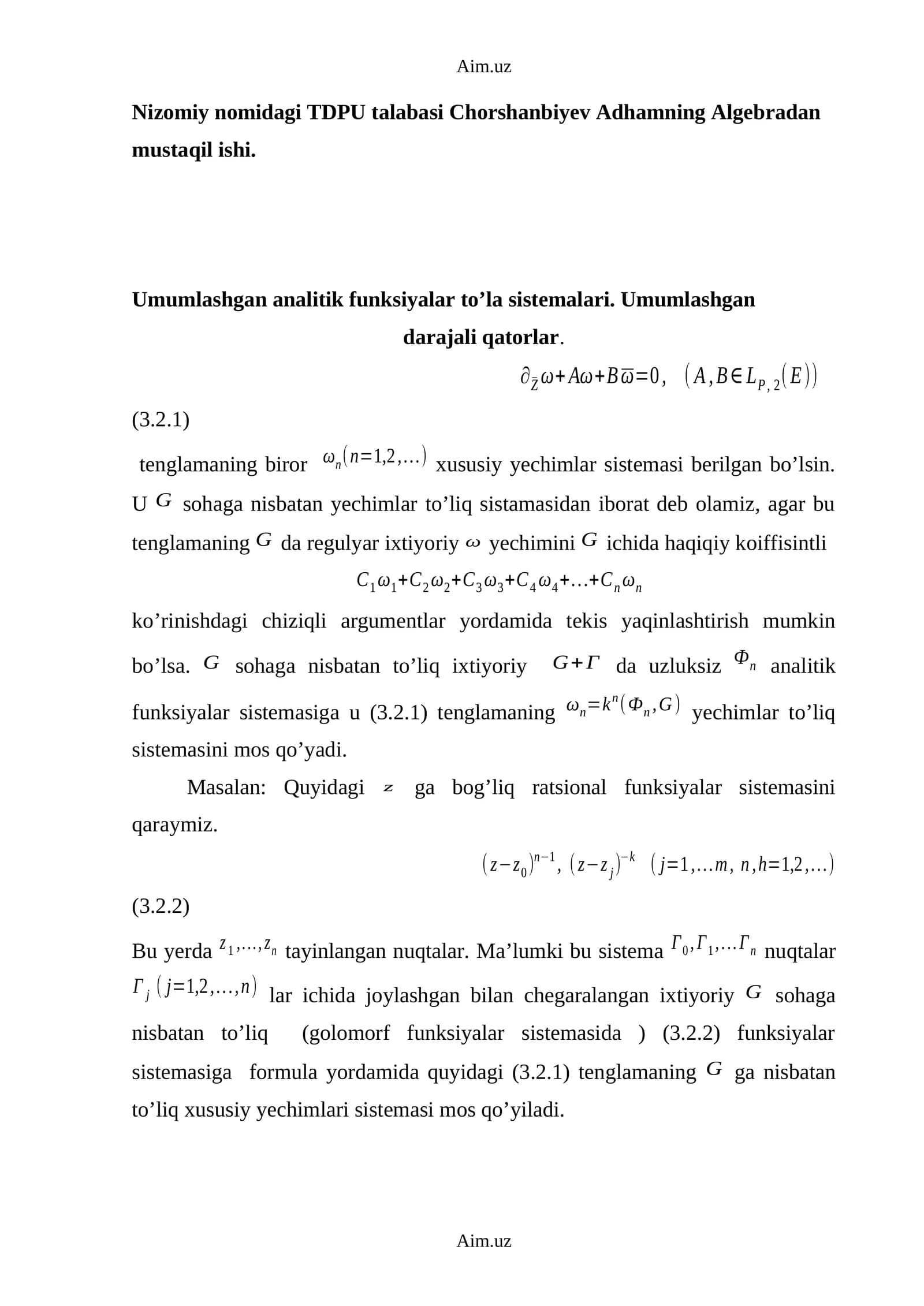 Umumlashgan analitik funksiyalar to’la sistemalari