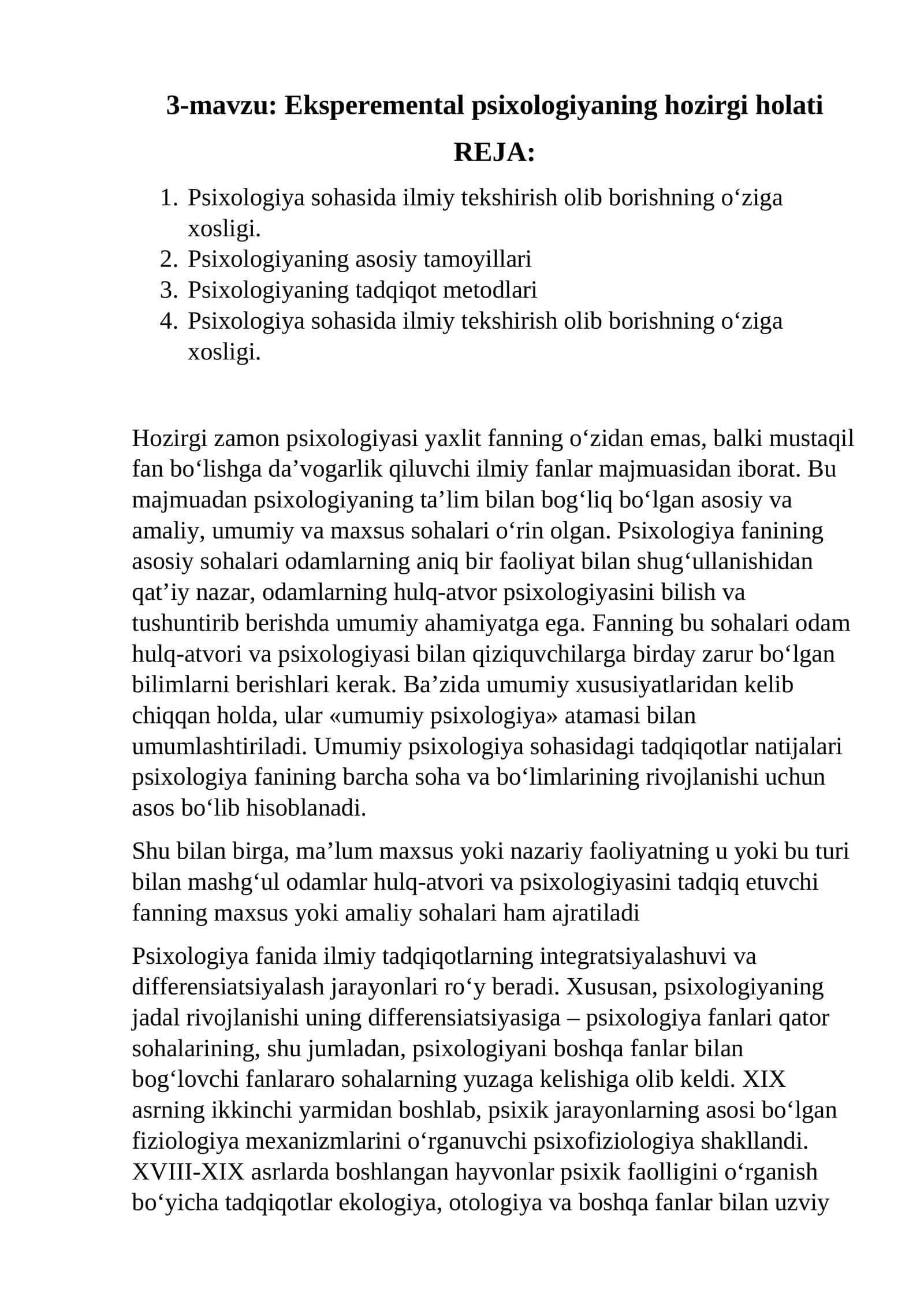 eksperimental psixologiyaning hozirgi davrdagi holati