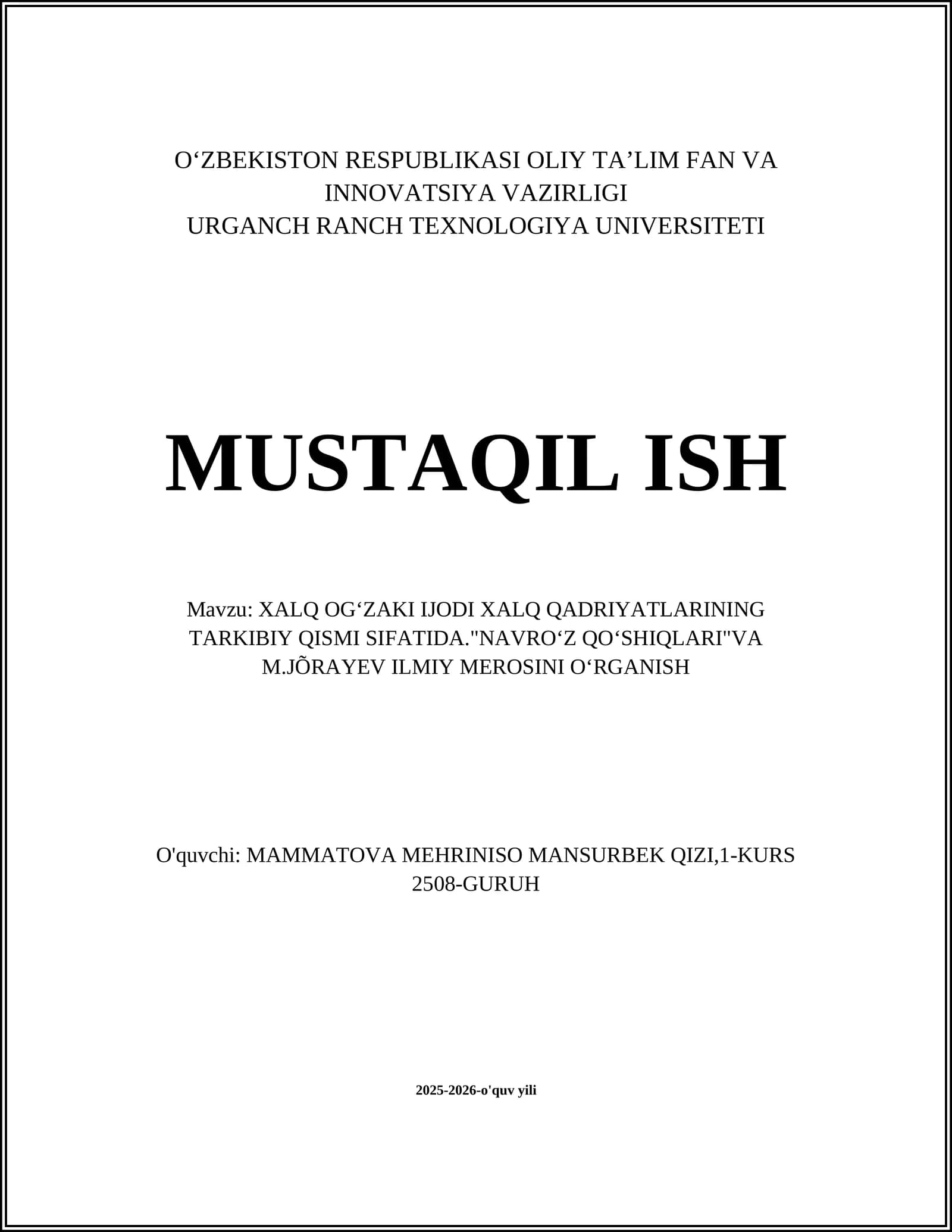 "NAVROʻZ QOʻSHIQLARI"VA M.JÕRAYEV ILMIY MEROSINI OʻRGANISH
