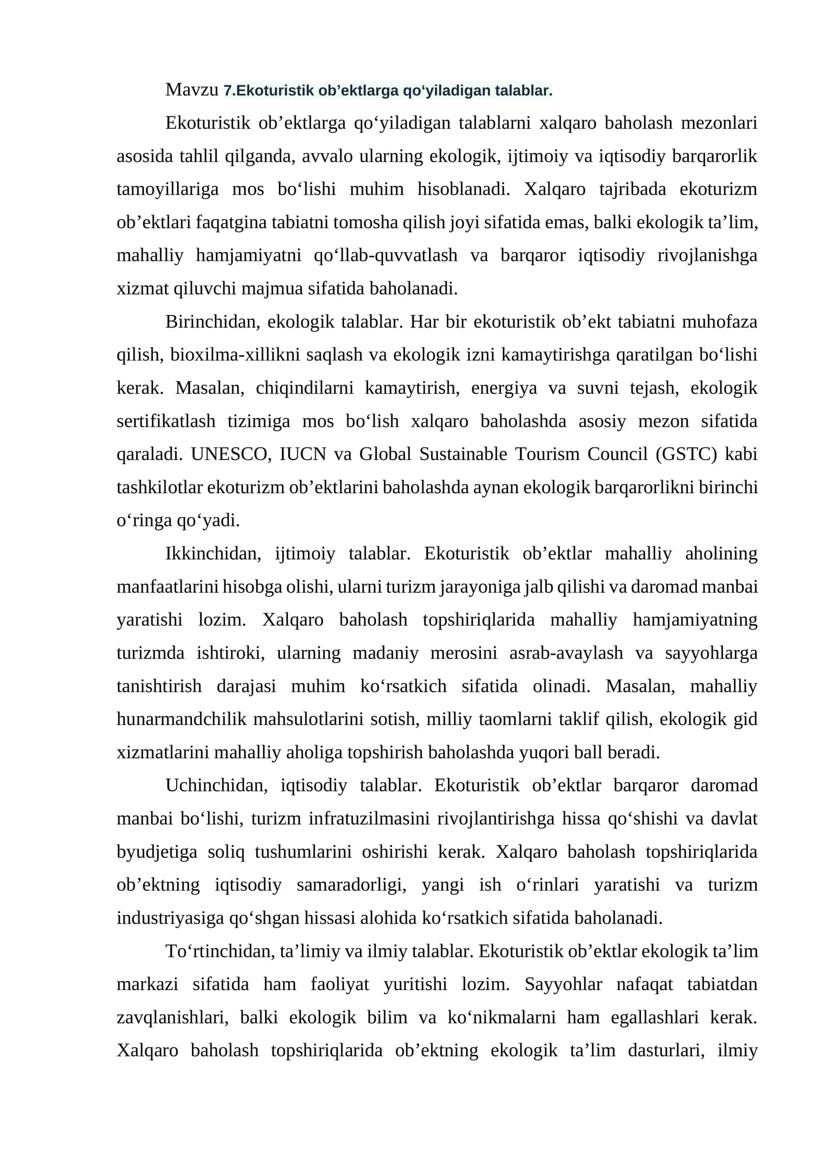 Ekoturistik ob’ektlarga qo‘yiladigan talablar