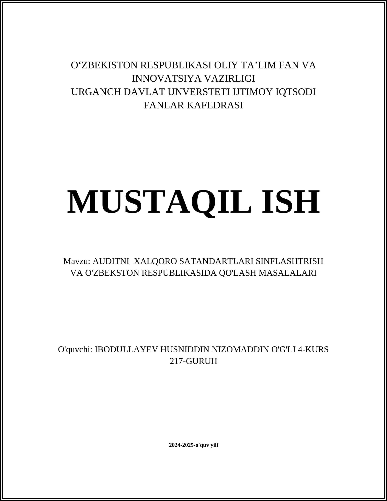 AUDITNI XALQORO SATANDARTLARI SINFLASHTIRISH VA O'ZBEKISTON RESPUBLIKASIDA QO'LASH MASALALARI
