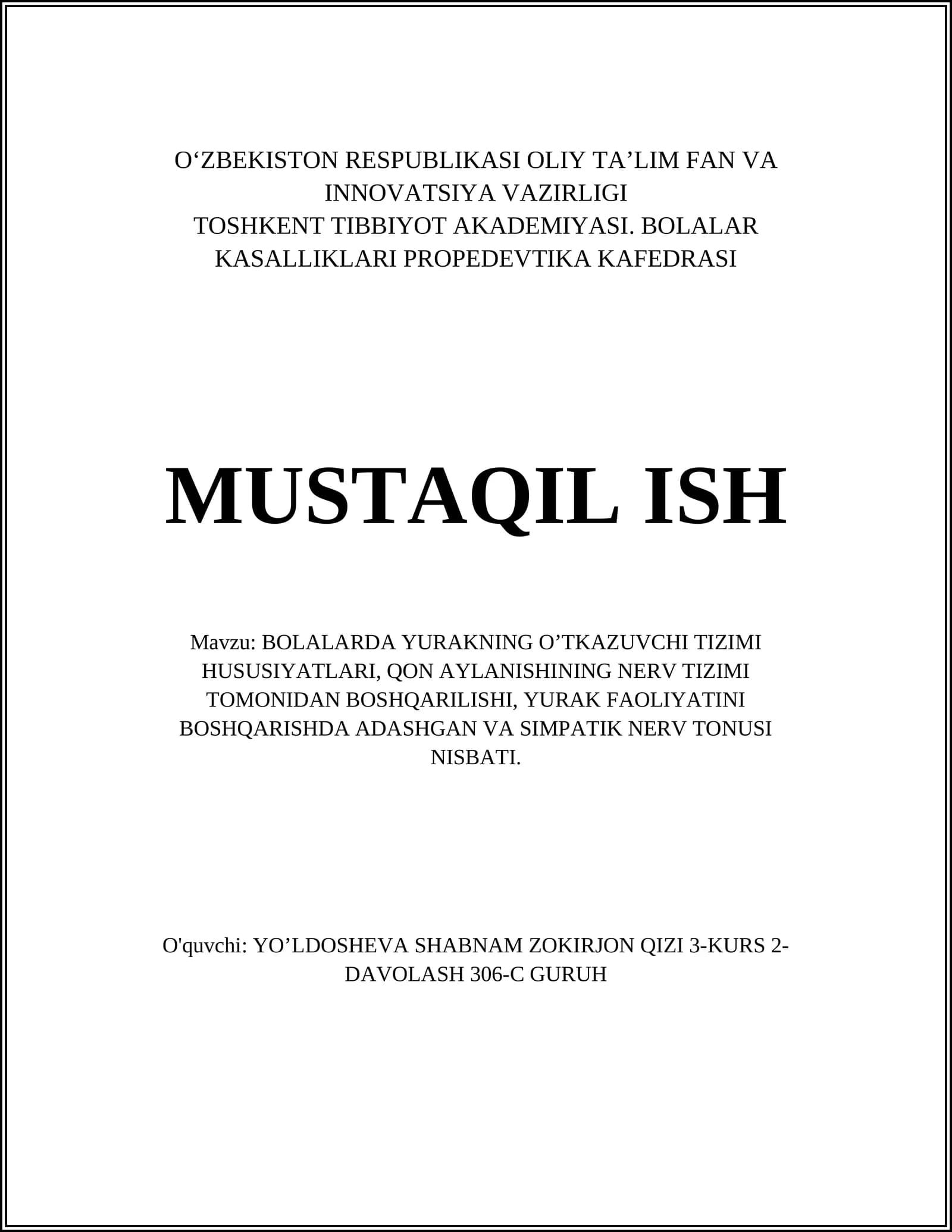 BOLALARDA YURAKNING O’TKAZUVCHI TIZIMI HUSUSIYATLARI