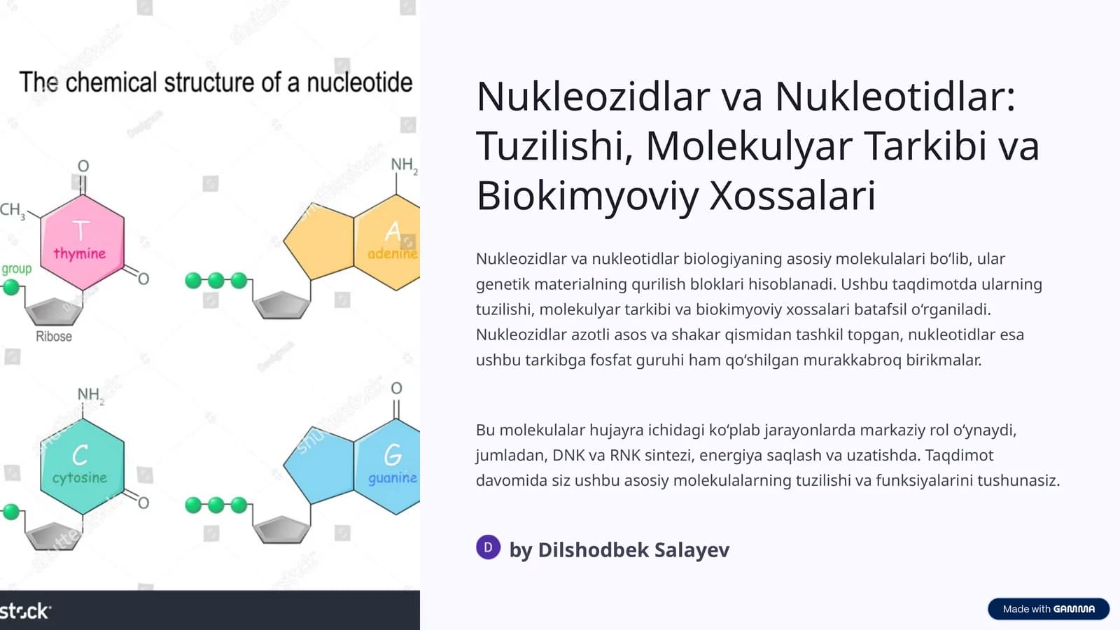 Nukleozidlar va Nukleotidlar: Tuzilishi, Molekulyar Tarkibi va Biokimyoviy Xossalari
