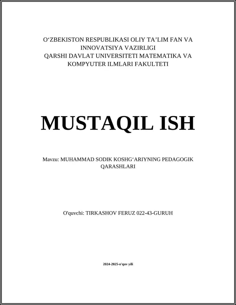 MUHAMMAD SODIK KOSHG‘ARIYNING PEDAGOGIK QARASHLARI