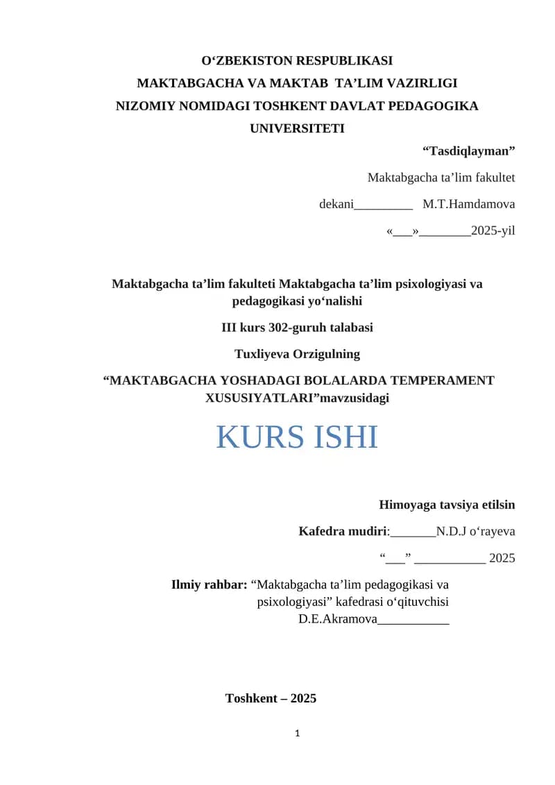 Maktabgacha Yoshadagi Bolalarda Temperament Xususiyatlari