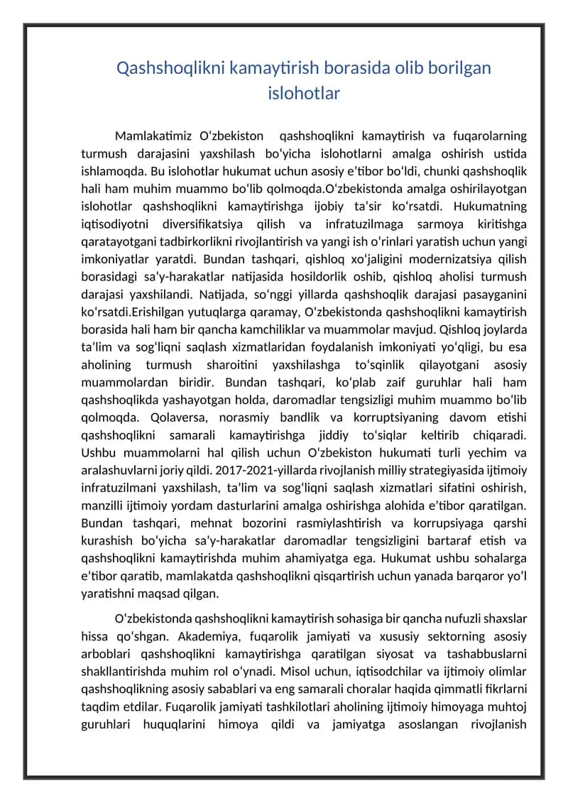 Qashshoqlikni kamaytirish borasida olib borilgan islohotlar