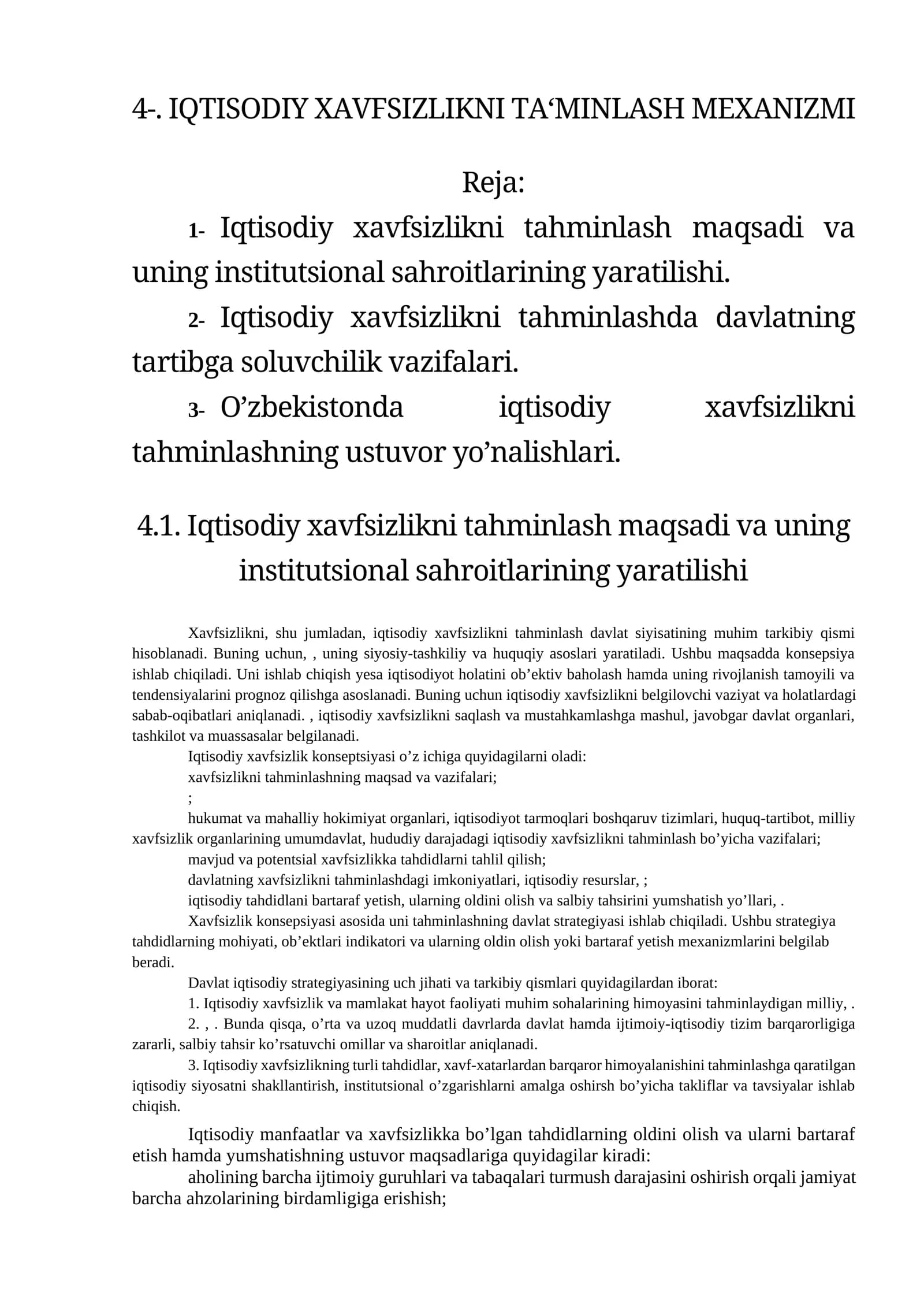 IQTISODIY XAVFSIZLIKNI TA‘MINLASH MEXANIZMI