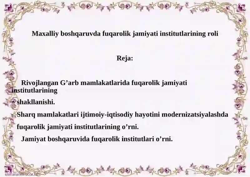 Maxalliy boshqaruvda fuqarolik jamiyati institutlarining roli