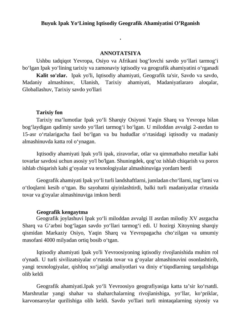 Buyuk Ipak Yo‘Lining Iqtisodiy Geografik Ahamiyatini O’Rganish