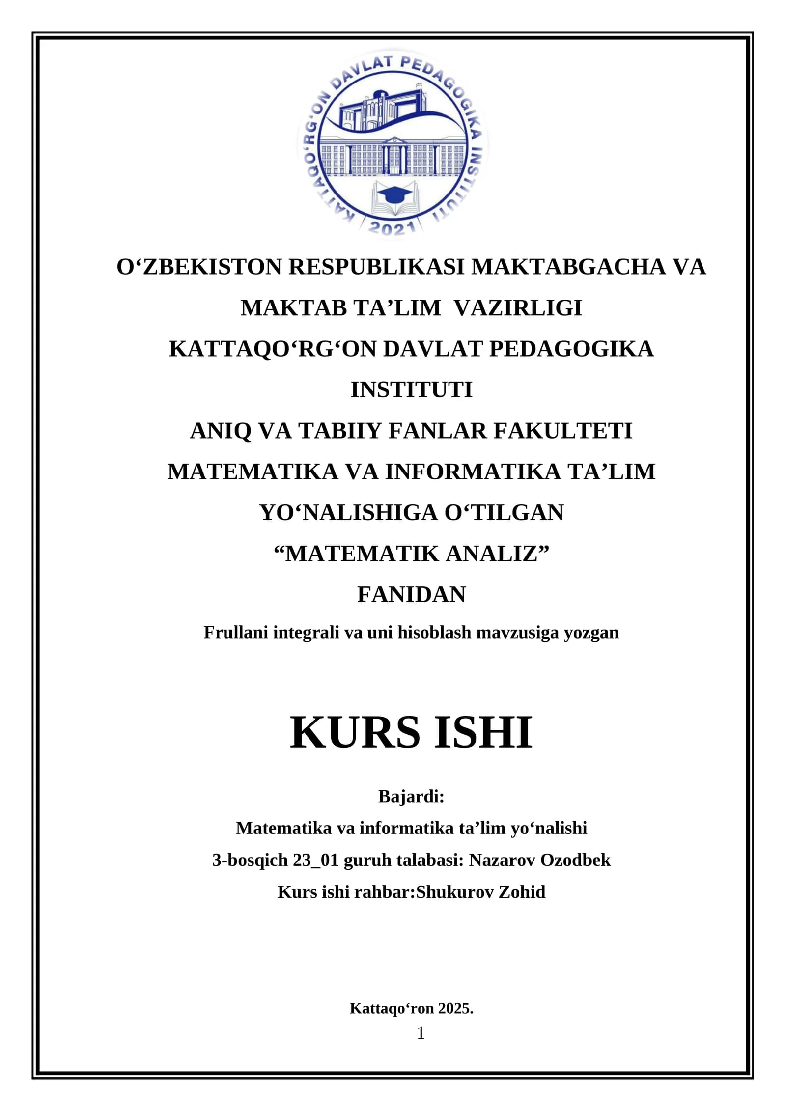 Frullani integrali va uni hisoblash