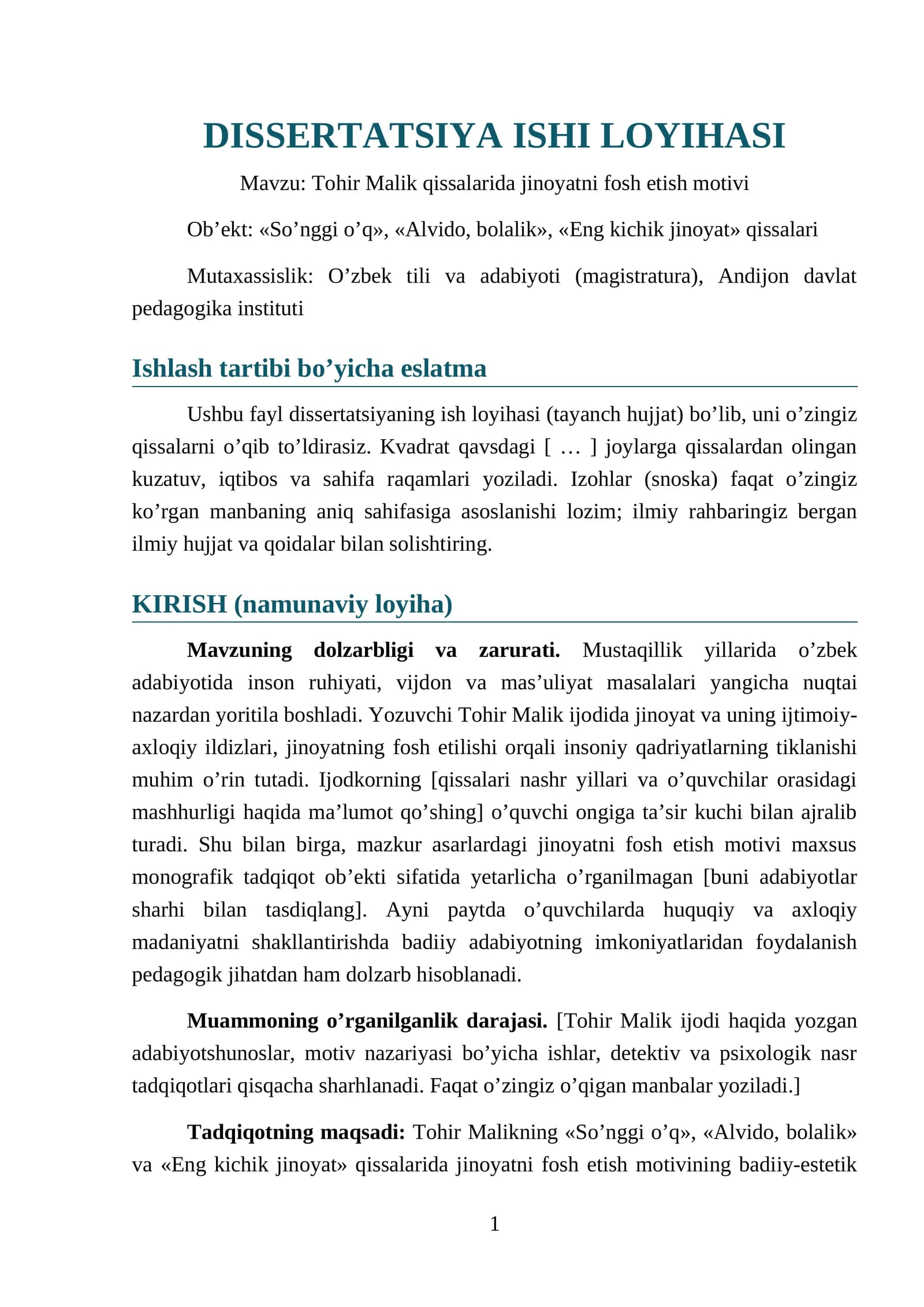 DISSERTATSIYA ISHI LOYIHASI