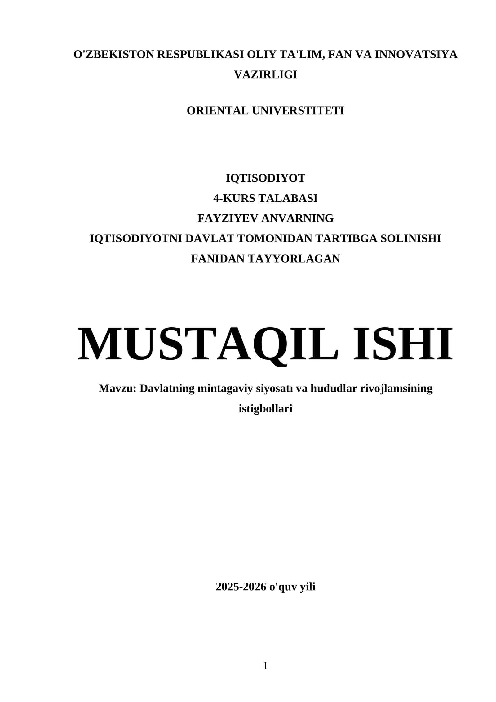 Davlatning mintagaviy siyosatı va hududlar rivojlanısining istigbollari