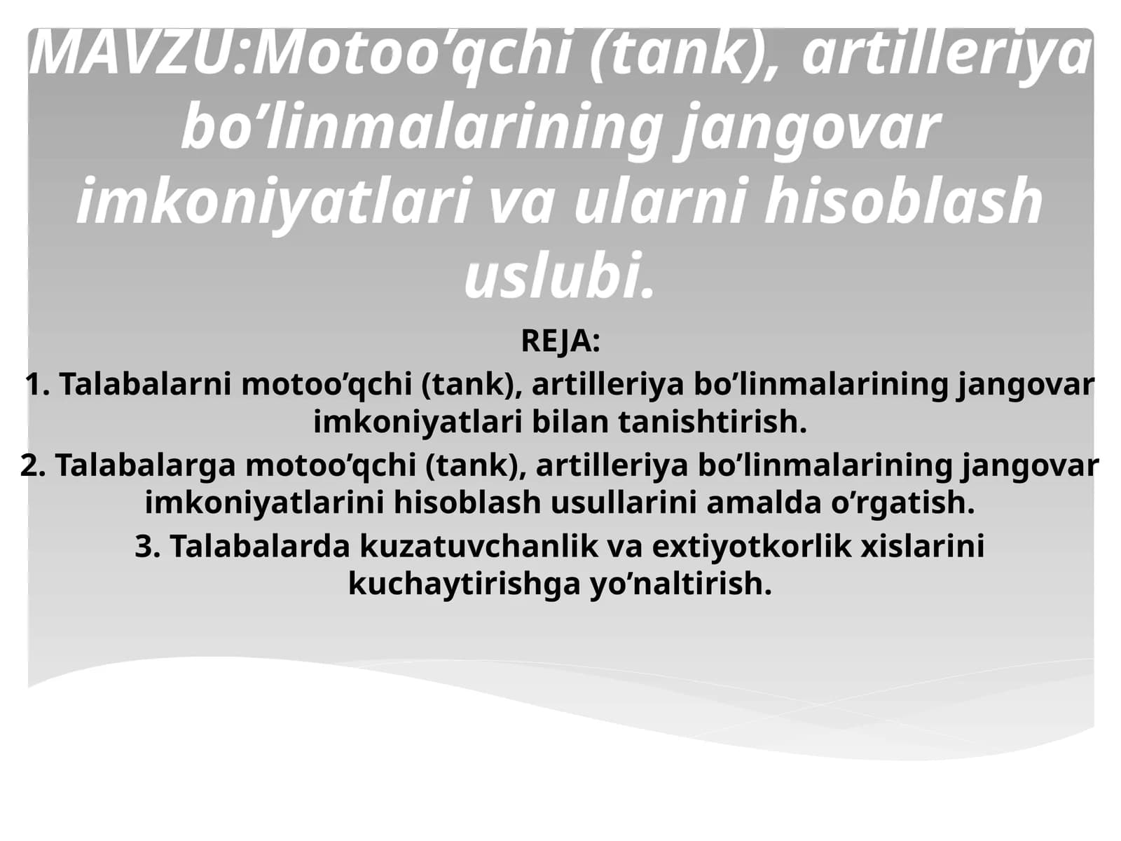 Motoo’qchi(tank),artilleriyabo’linmalariningjangovarimkoniyatlarivaularnihisoblashuslubi