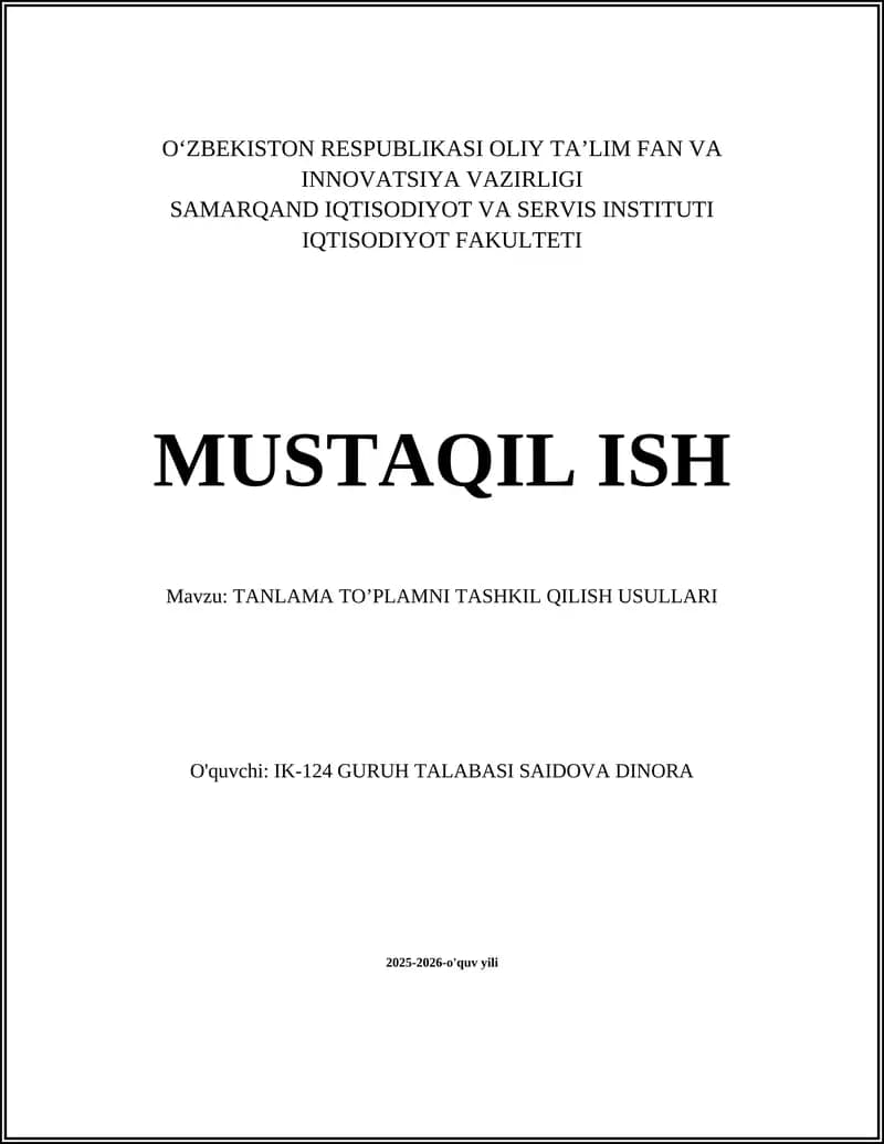 TANLAMA TO’PLAMNI TASHKIL QILISH USULLARI