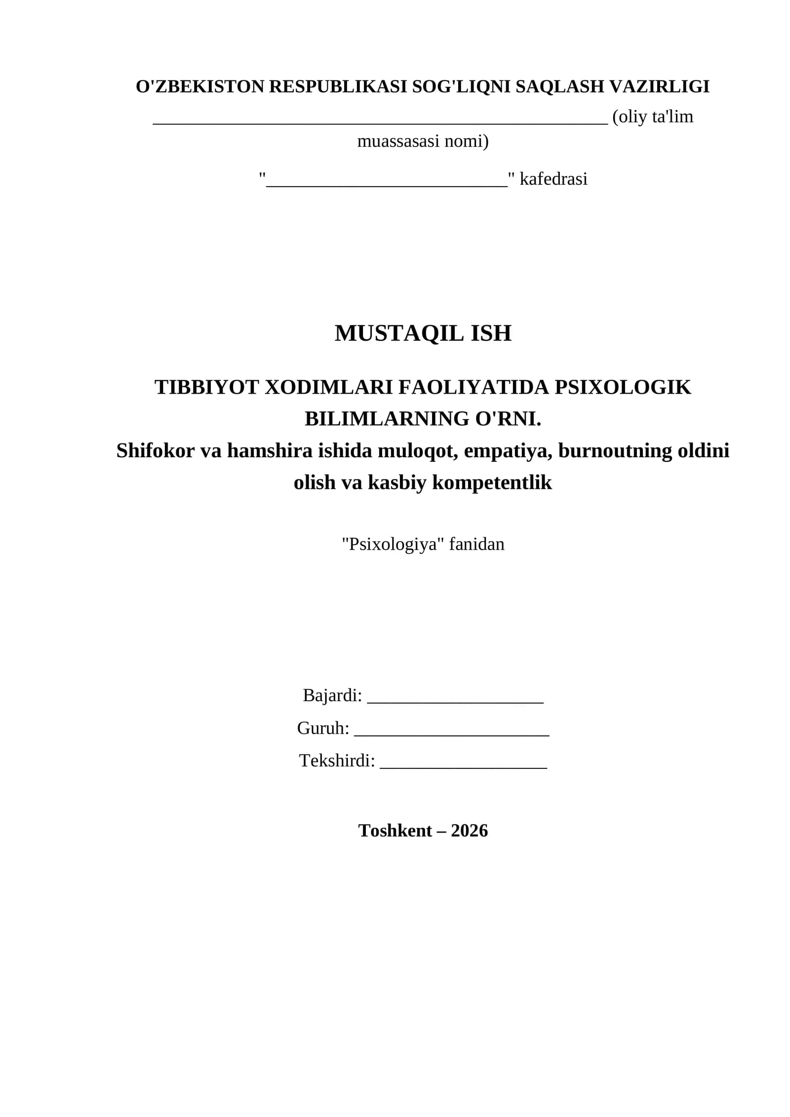 Tibbiyot Xodimlari Faoliyatida Psixologik Bilimlar