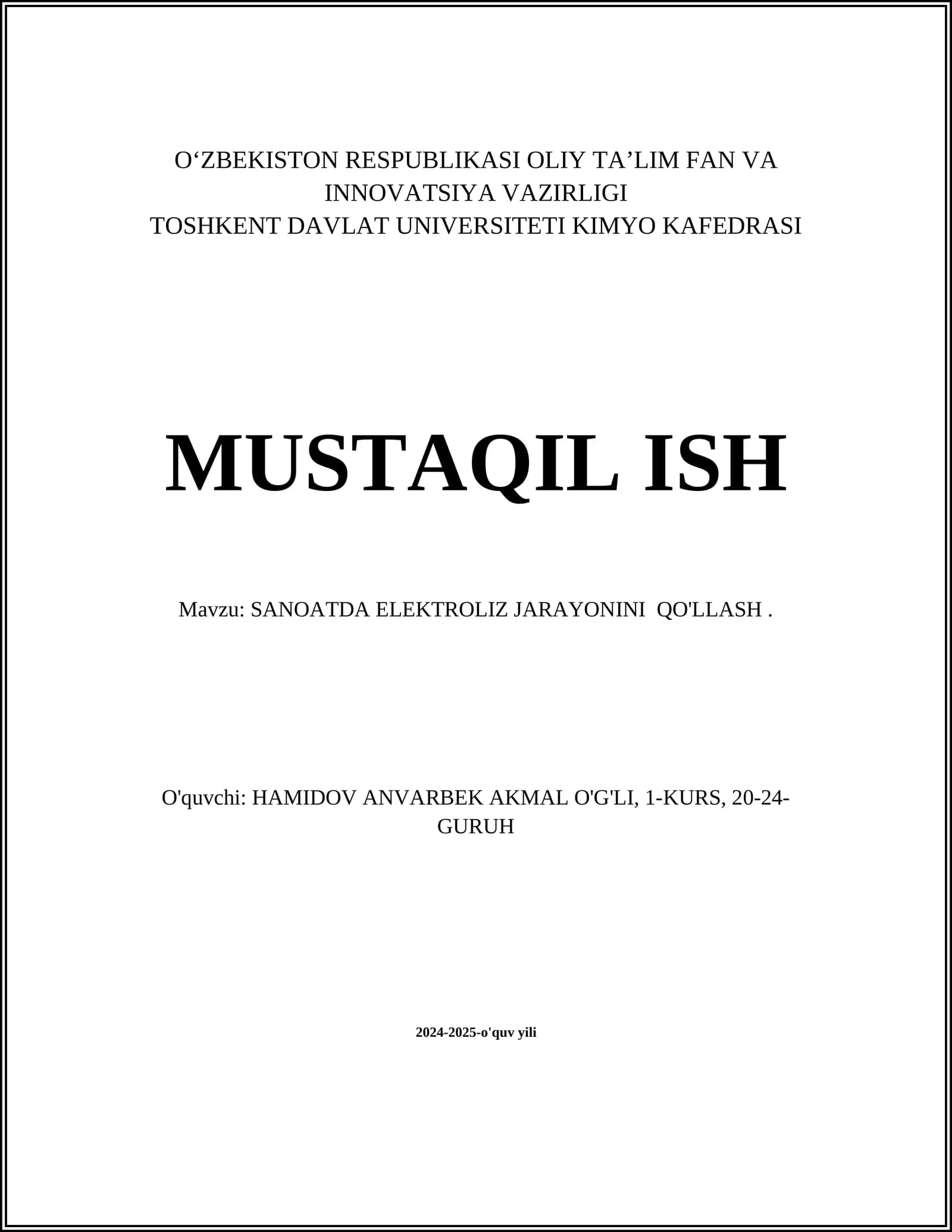 SANOATDA ELEKTROLIZ JARAYONINI QO'LLASH