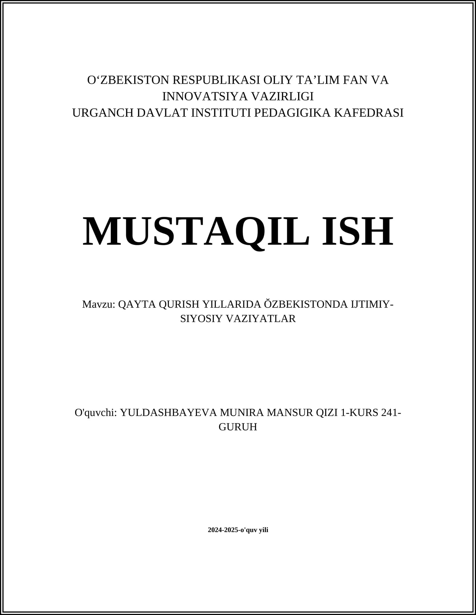 QAYTA QURISH YILLARIDA ŎZBEKISTONDA IJTIMIY-SIYOSIY VAZIYATLAR