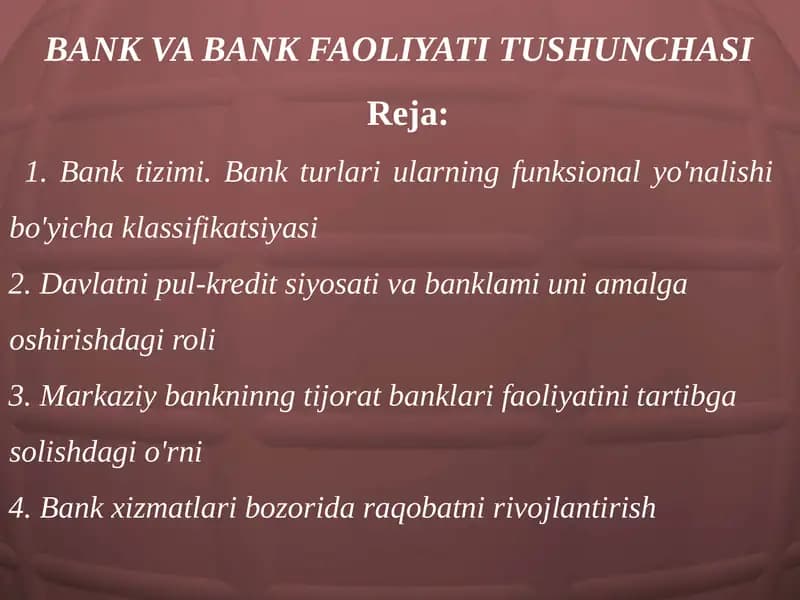 BANK VA BANK FAOLIYATI TUSHUNCHASI