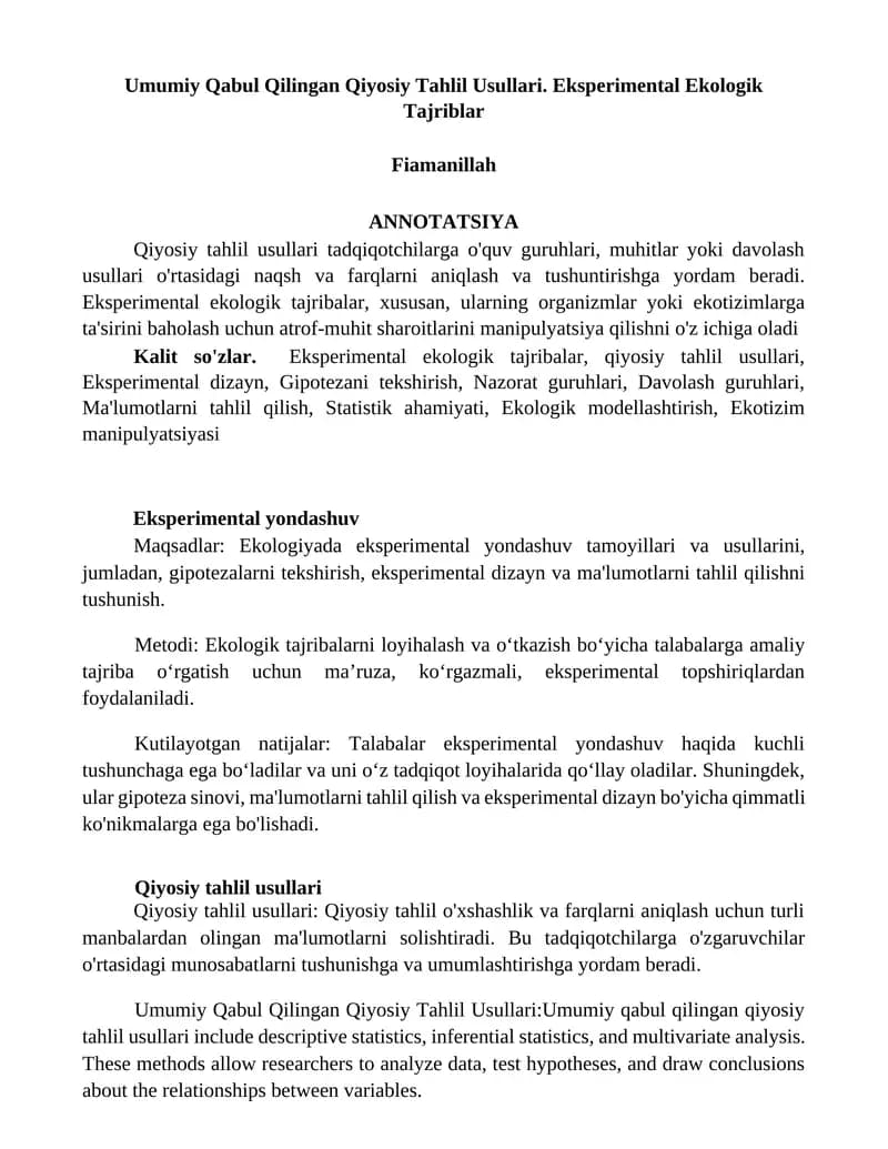 Umumiy Qabul Qilingan Qiyosiy Tahlil Usullari. Eksperimental Ekologik Tajriblar
