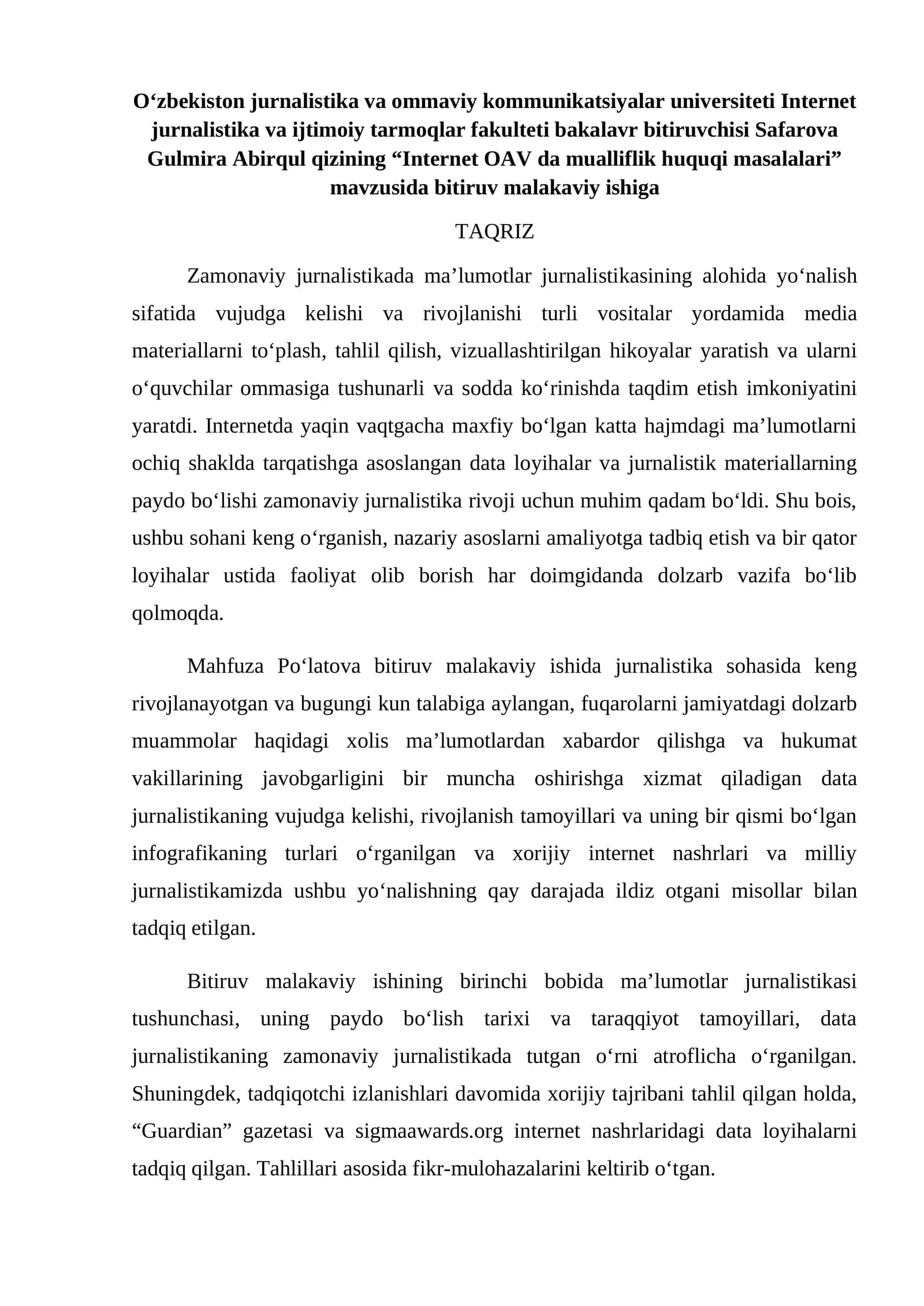 Internet OAV da mualliflik huquqi masalalari