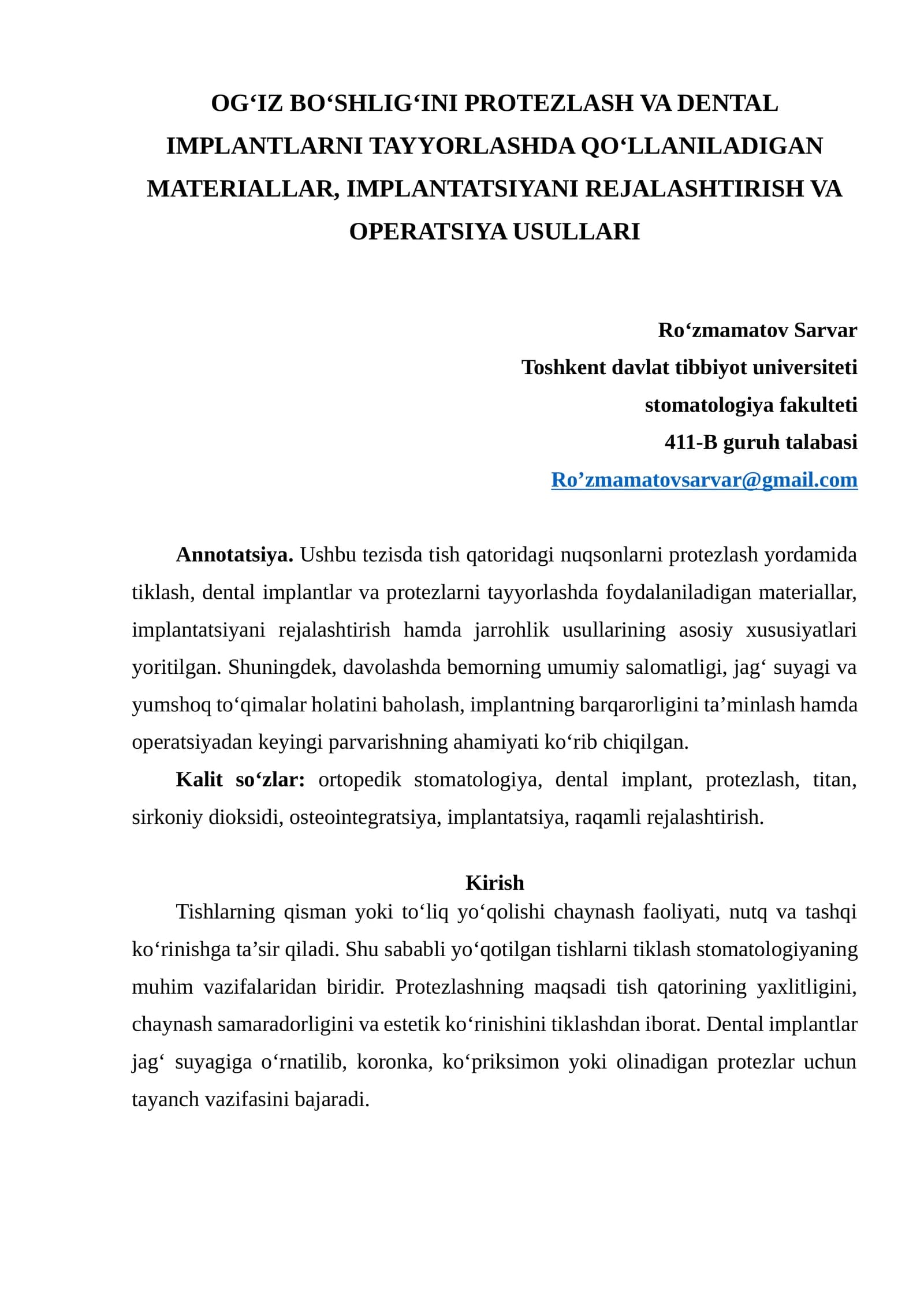 OG‘IZ BO‘SHLIG‘INI PROTEZLASH VA DENTAL IMPLANTLARNI TAYYORLASHDA QO‘LLANILADIGAN MATERIALLAR