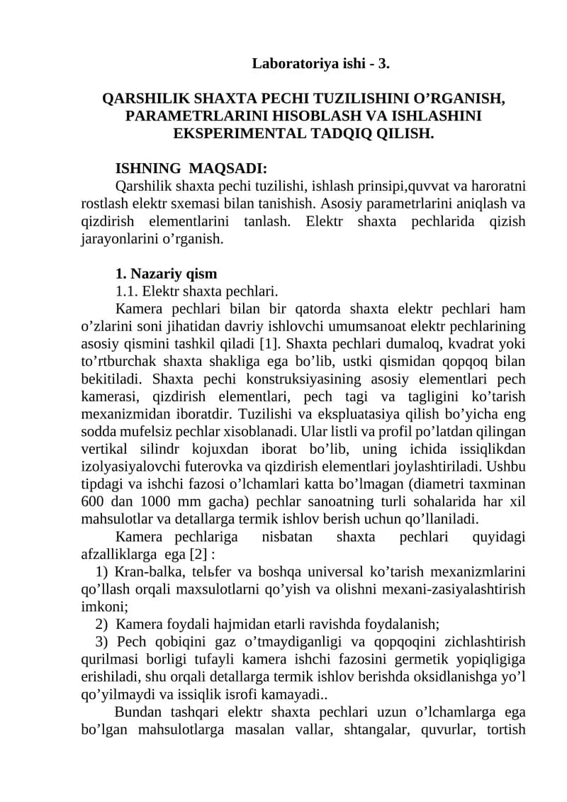 Qarshilik shaxta pechi tuzilishini o’rganish
