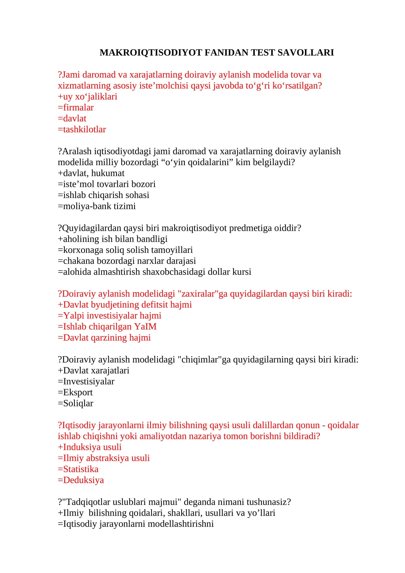 MAKROIQTISODIYOT FANIDAN TEST SAVOLLARI