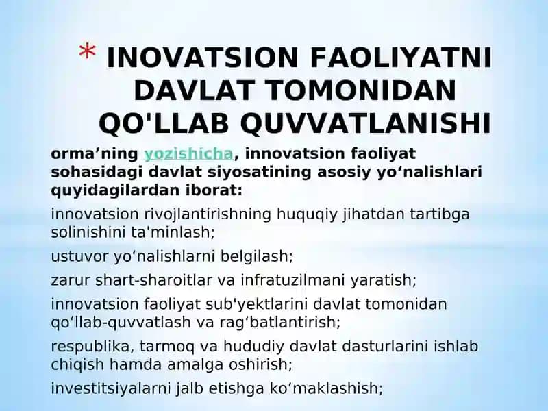 INOVATSION FAOLIYATNI DAVLAT TOMONIDAN QO'LLAB QUVVATLANISHI