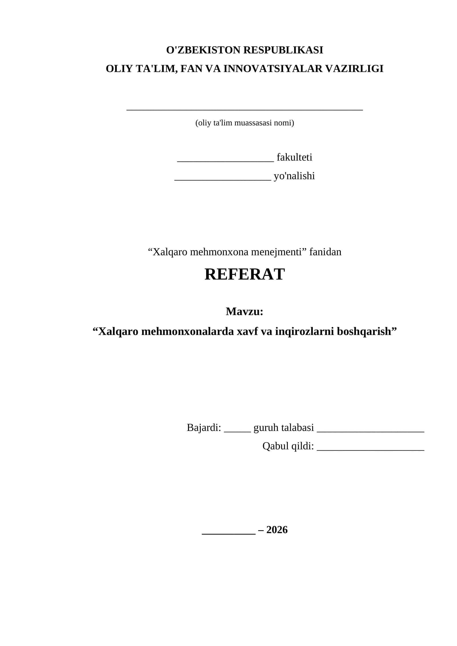 Xalqaro mehmonxonalarda xavf va inqirozlarni boshqarish