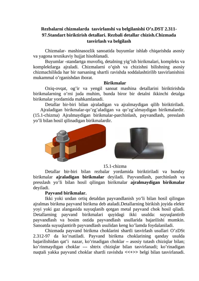 Rezbalarni chizmalarda  tasvirlanshi va belgilanishi O’z.DST 2.311-97.Standart biriktirish detallari.