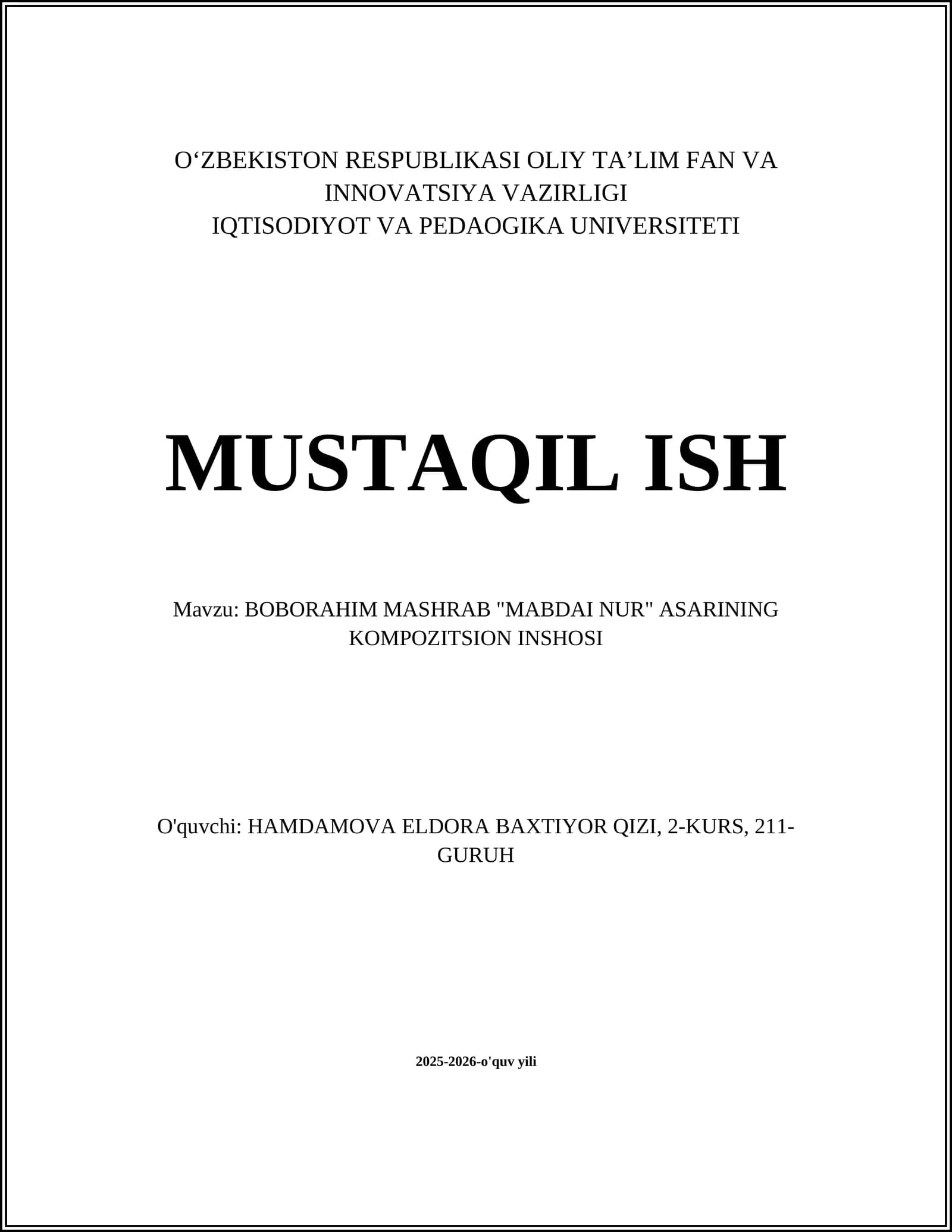 BOBORAHIM MASHRAB "MABDAI NUR" ASARINING KOMPOZITSION INSHOSI