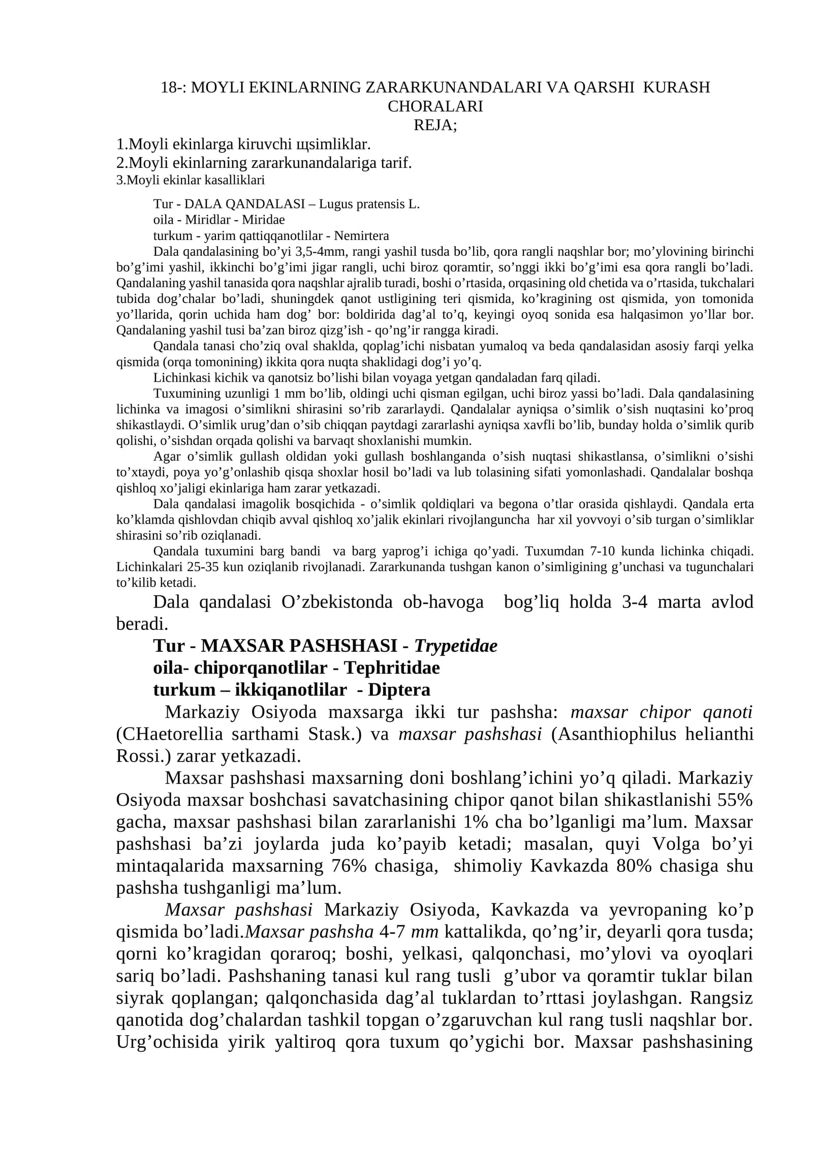 MOYLI EKINLARNING ZARARKUNANDALARI VA QARSHI KURASH CHORALARI