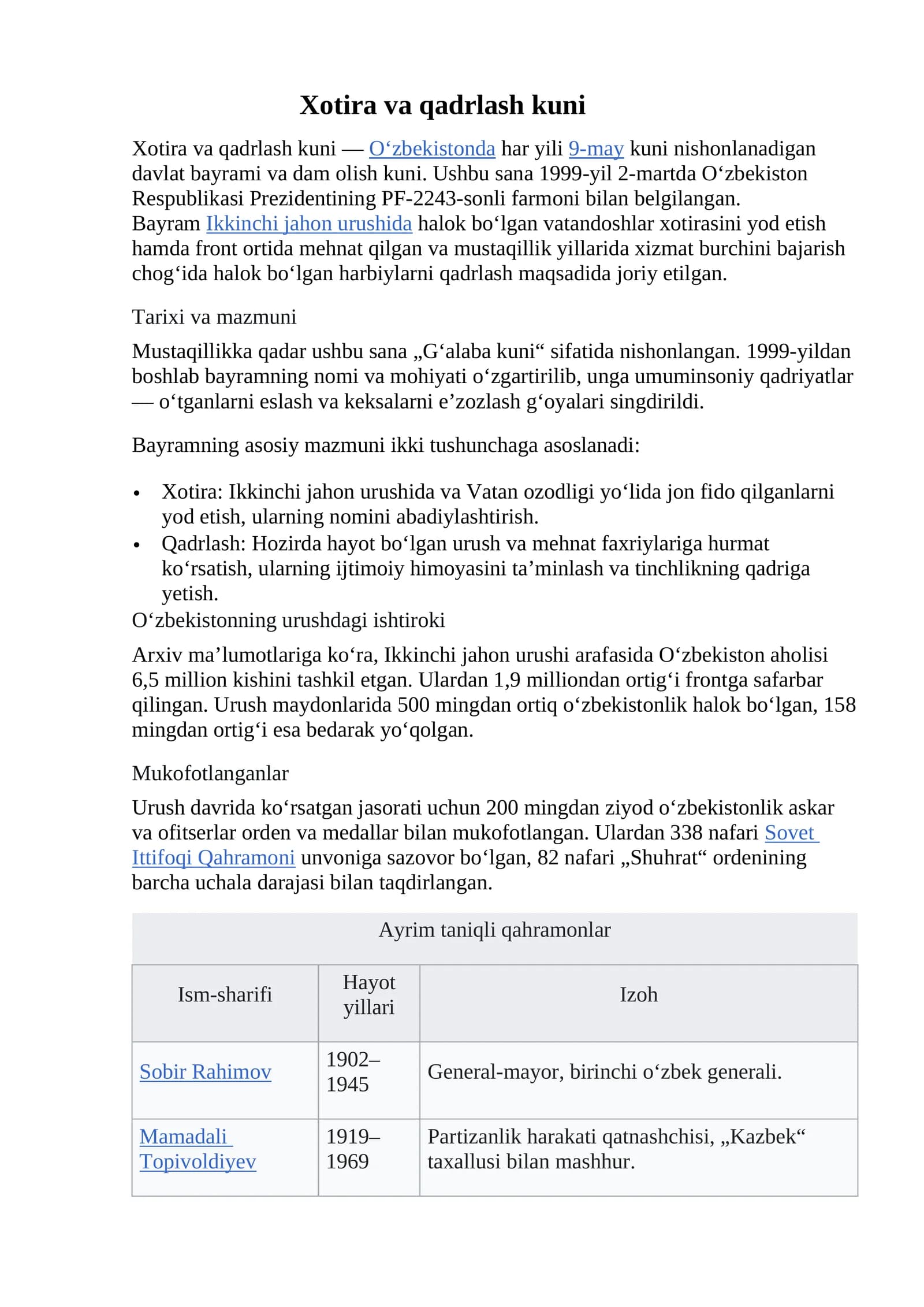 Xotira va qadrlash kuni