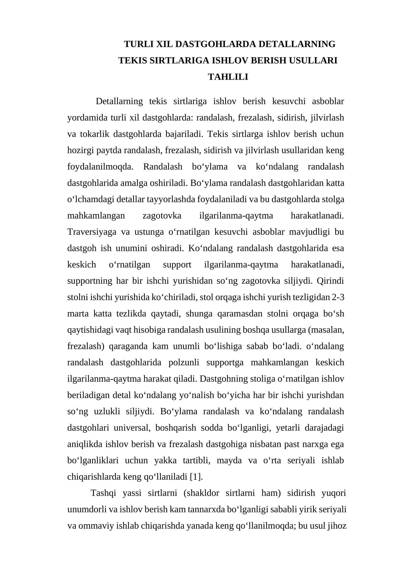 Turli Xil Dastgohlarda Detallarning Tekis Sirtlariga Ishlov Berish Usullari Tahlili