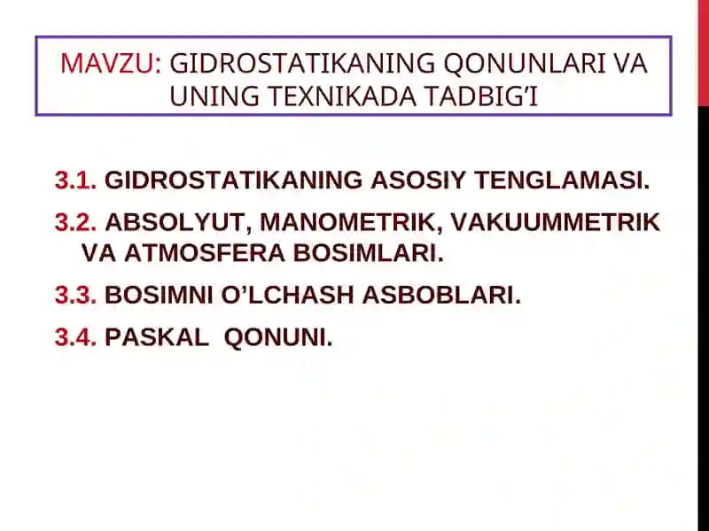 GIDROSTATIKANINGQONUNLARI VA UNING TEXNIKADA TADBIG’I