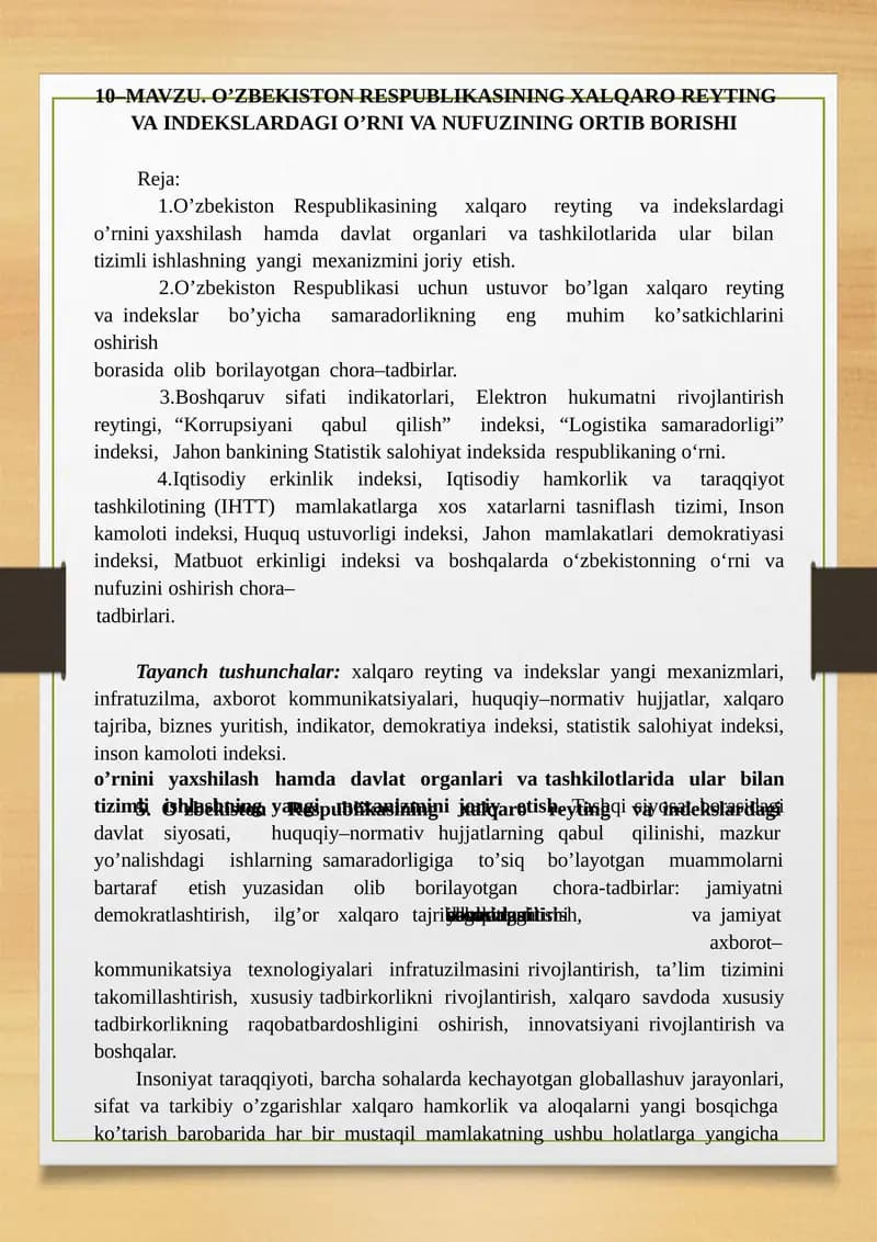 О’ZBEKISTON RESPUBLIKASINING XALQARO REYTING VA INDEKSLAR DAGI О’RNI VA NUFUZINING ORTI
