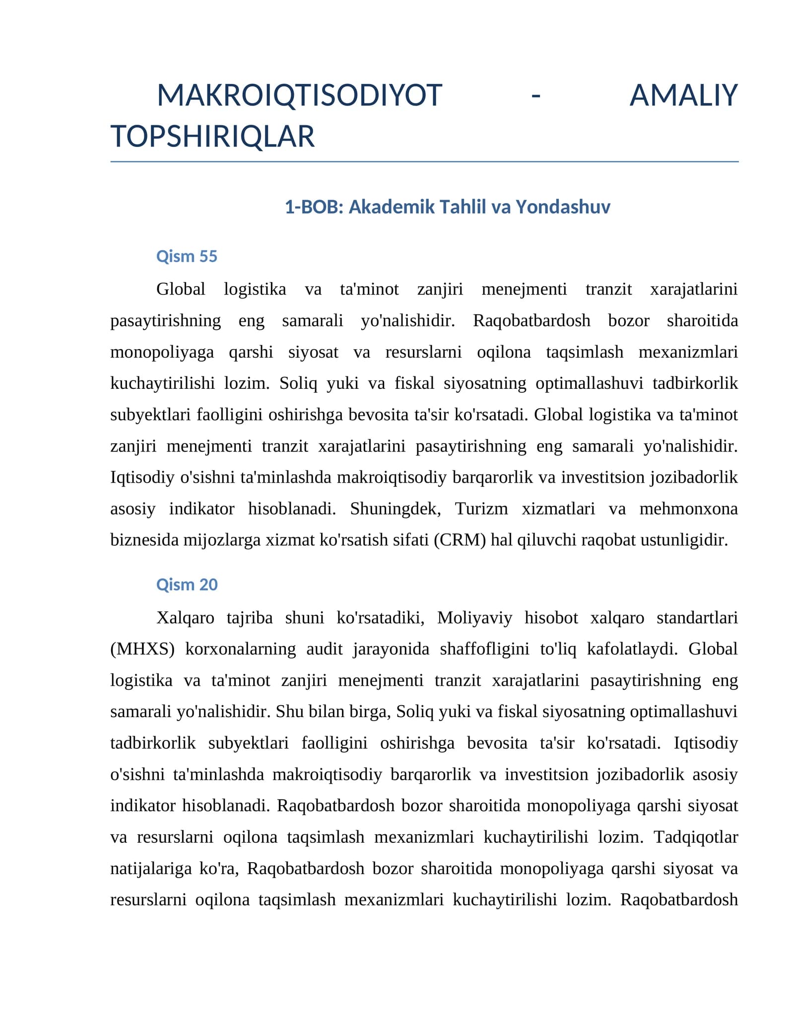 MAKROIQTISODIYOT - AMALIY TOPSHIRIQLAR
