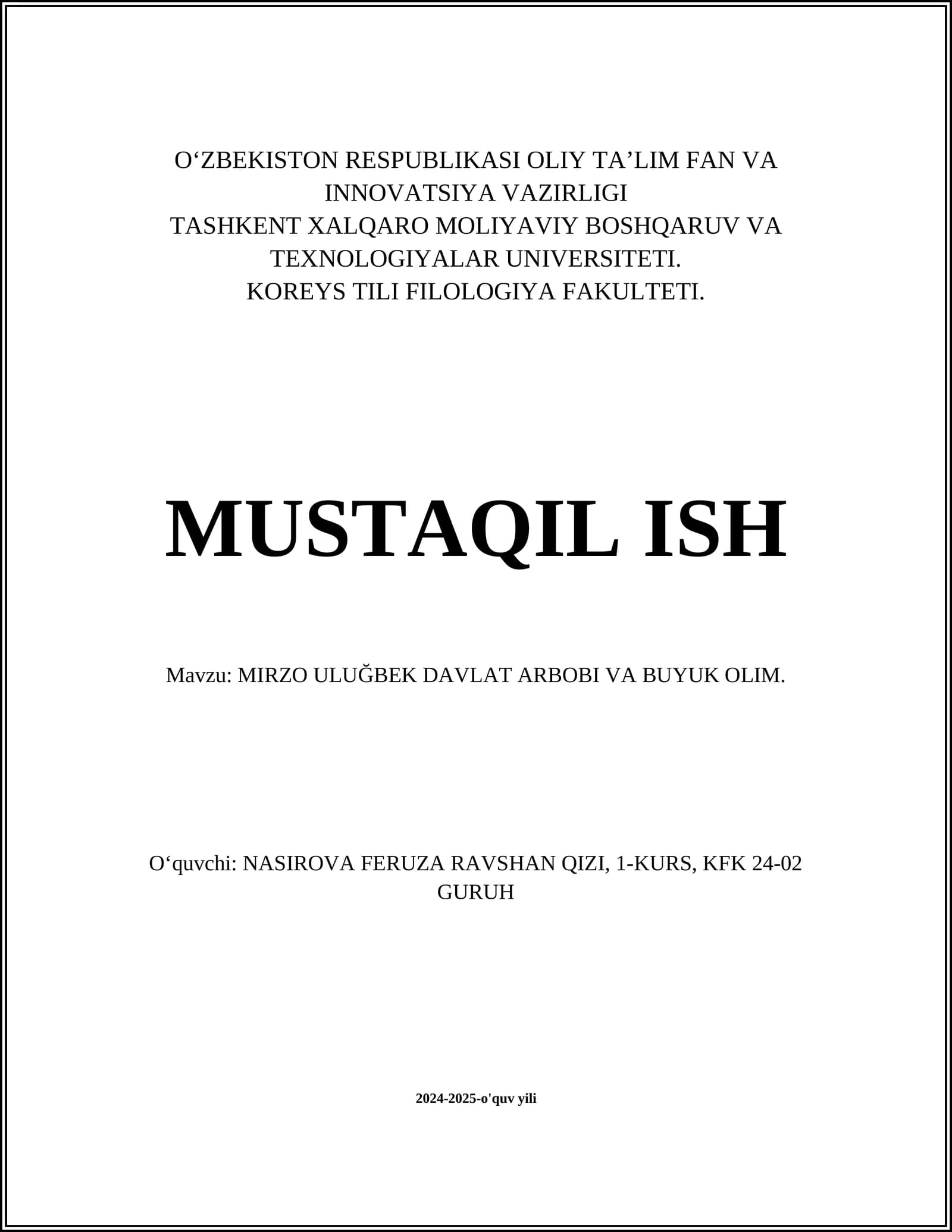 MIRZO ULUĞBEK DAVLAT ARBOBI VA BUYUK OLIM