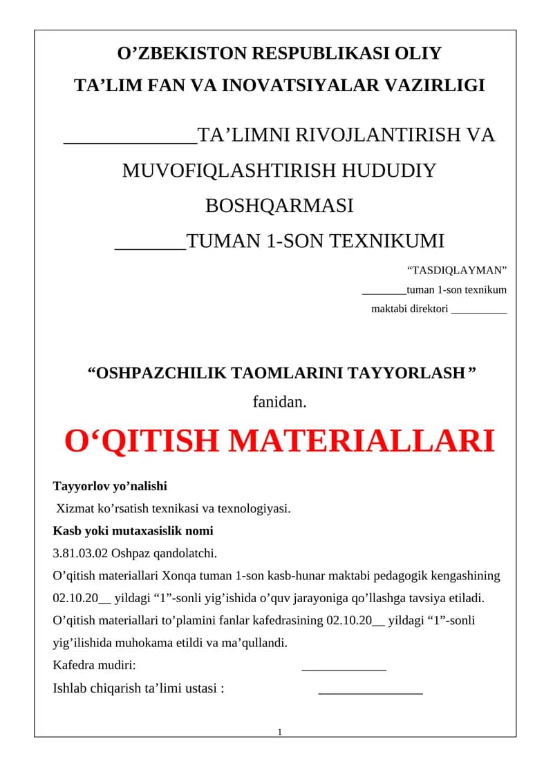Oshpazchilik taomlarini tayyorlash texnologiyasi
