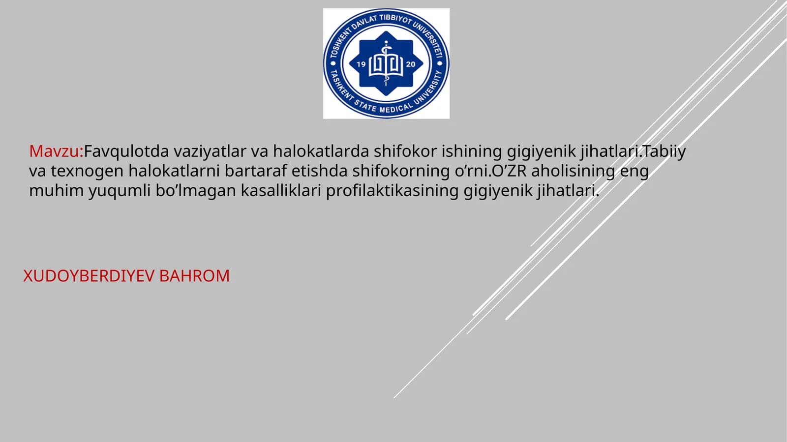 Favqulotdavaziyatlarvahalokatlardashifokorishininggigiyenikjihatlari.Tabiiyvatexnogenhalokatlarnibartarafetishdashifokorningo’rni.O’ZRaholisiningengmuhimyuqumlibo’lmagankasalliklariprofilaktikasininggigiyenikjihatlari