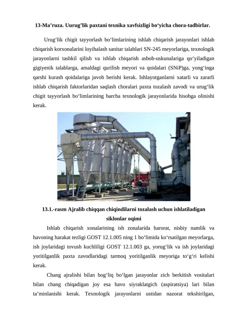Urug‘lik chigit tayyorlash bo‘limlari