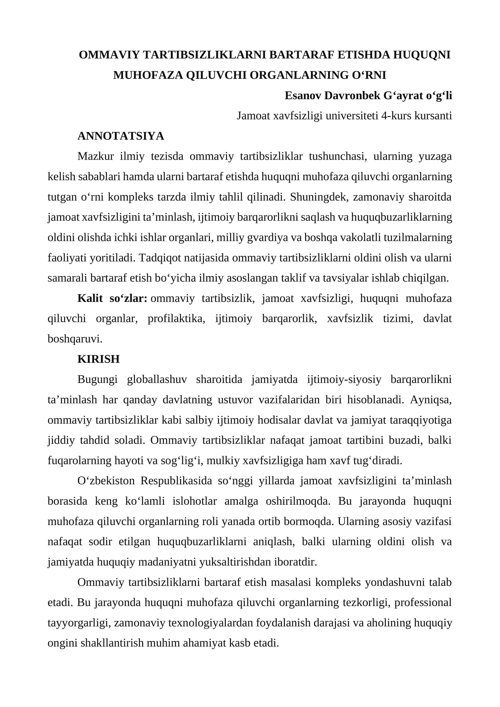 OMMAVIY TARTIBSIZLIKLARNI BARTARAF ETISHDA HUQUQNI MUHOFAZA QILUVCHI ORGANLARNING O‘RNI