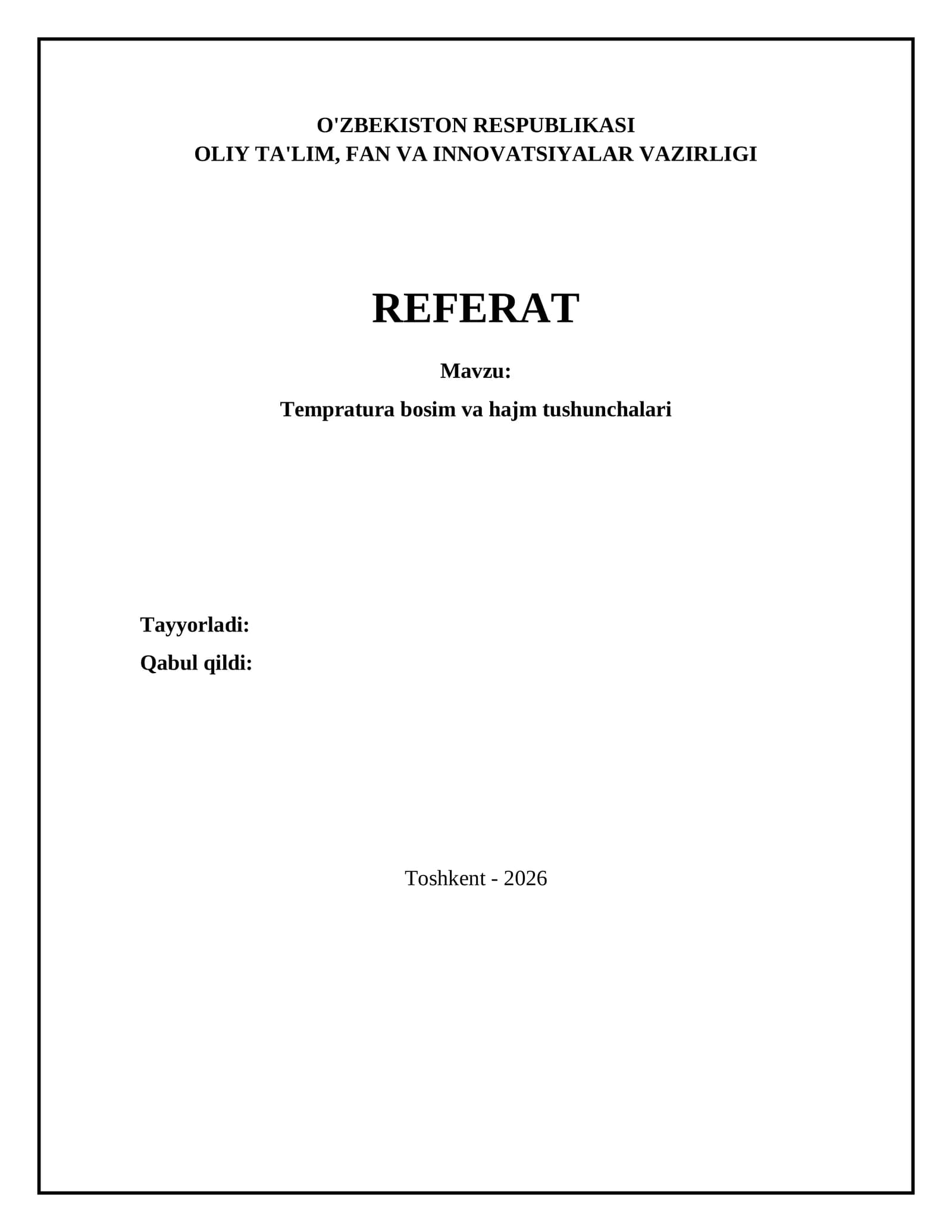 Tempratura bosim va hajm tushunchalari