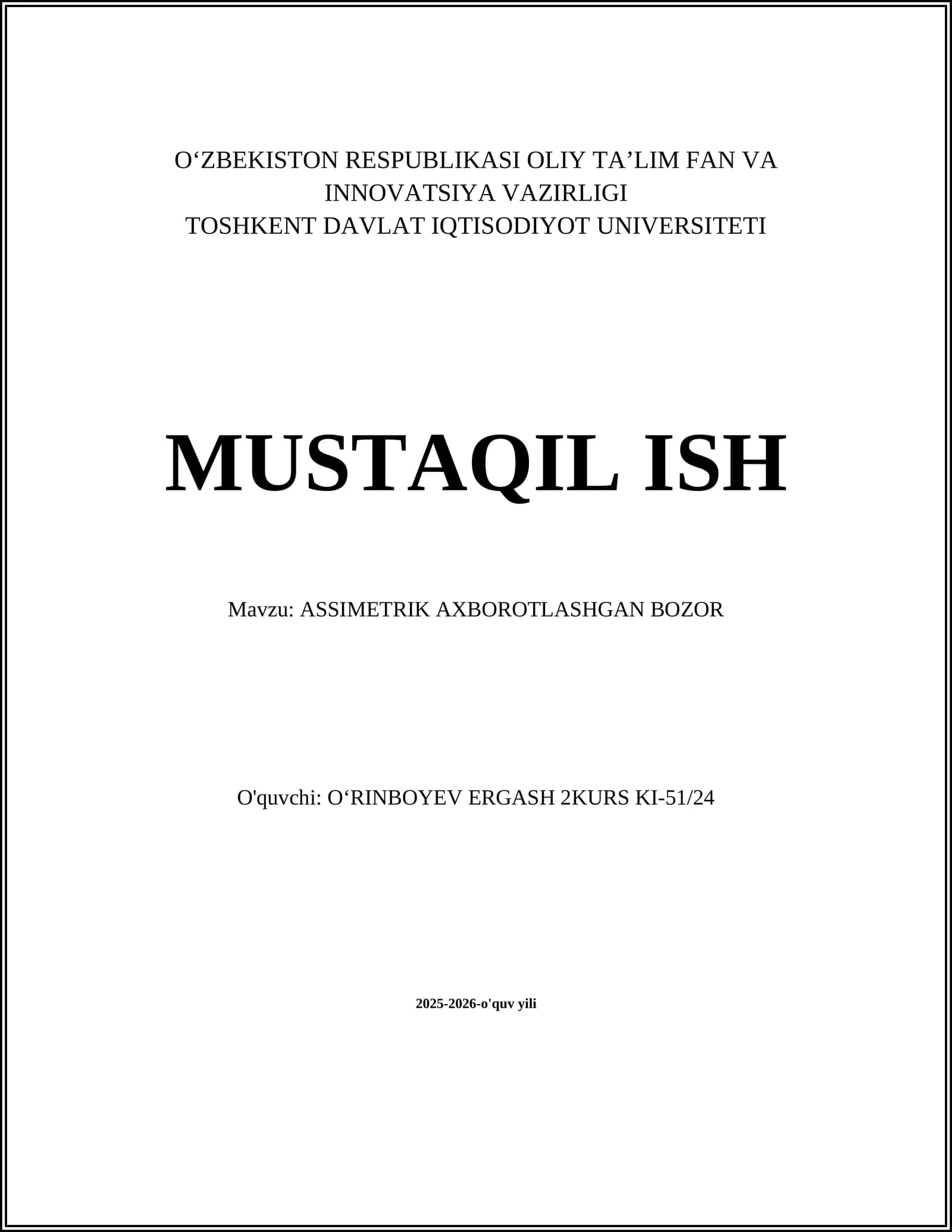 ASSIMETRIK AXBOROTLASHGAN BOZOR