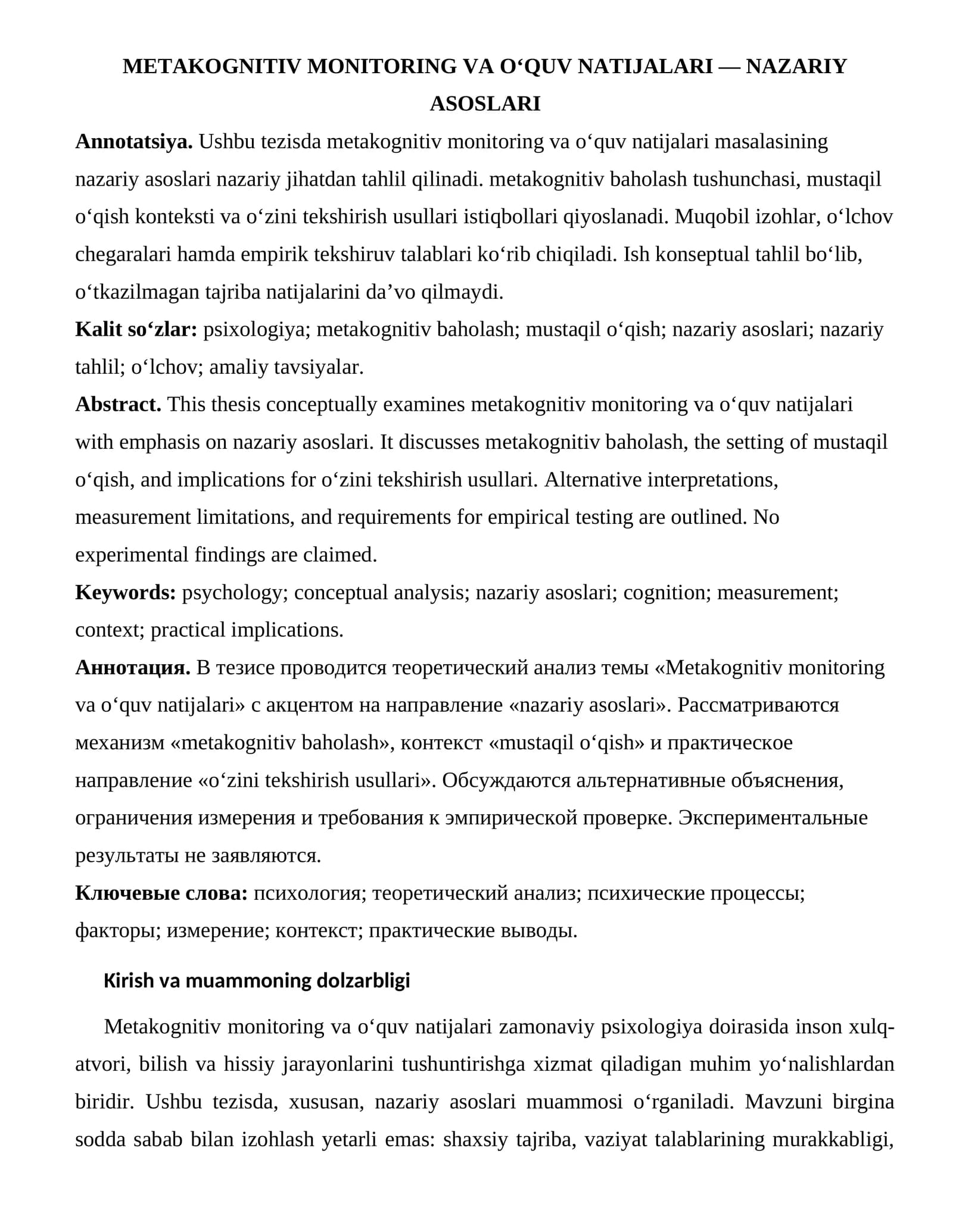 METAKOGNITIV MONITORING VA O‘QUV NATIJALARI — NAZARIY ASOSLARI