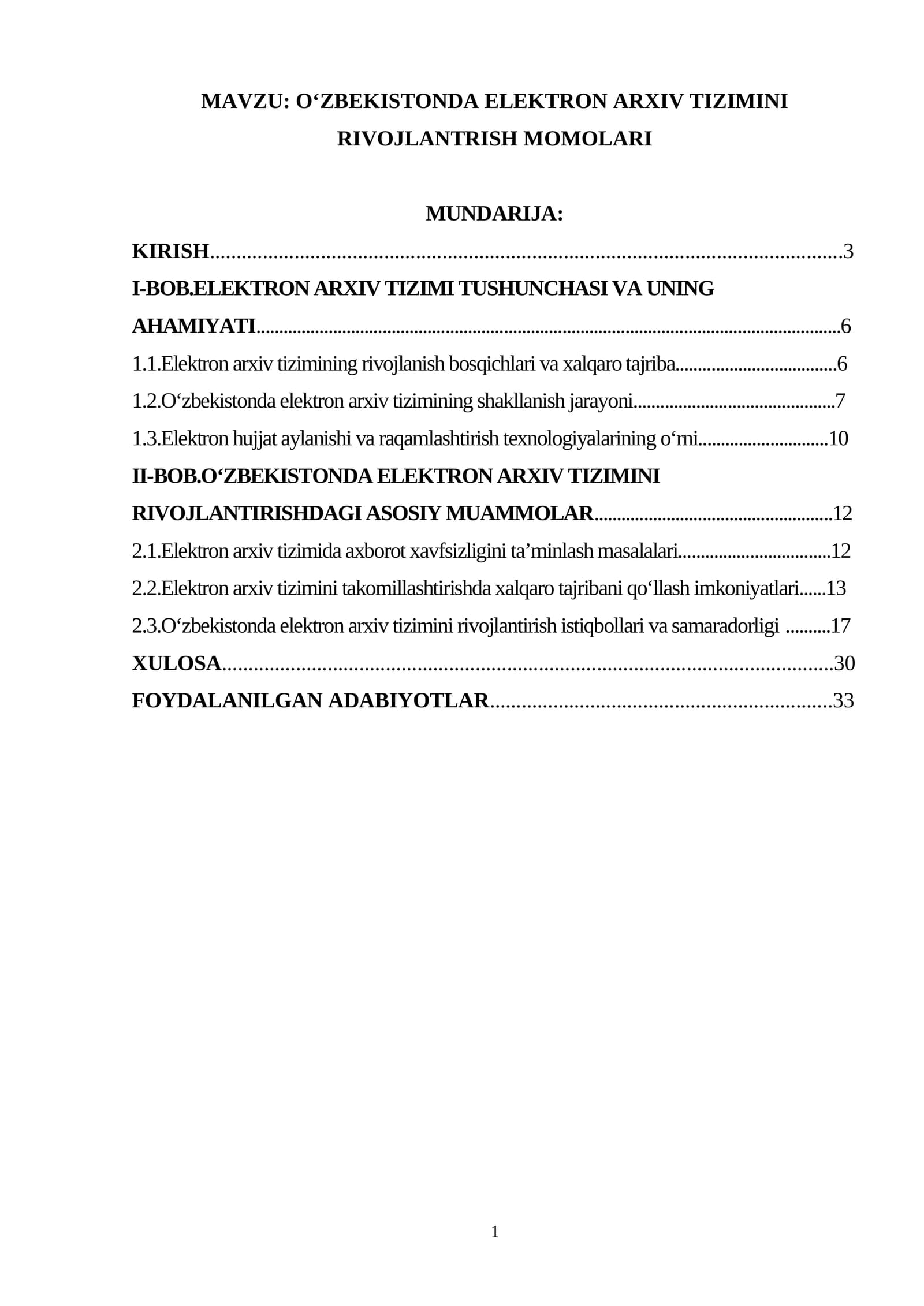 Oʻzbekistonda elektron arxiv tizimini rivojlantrish momolari.