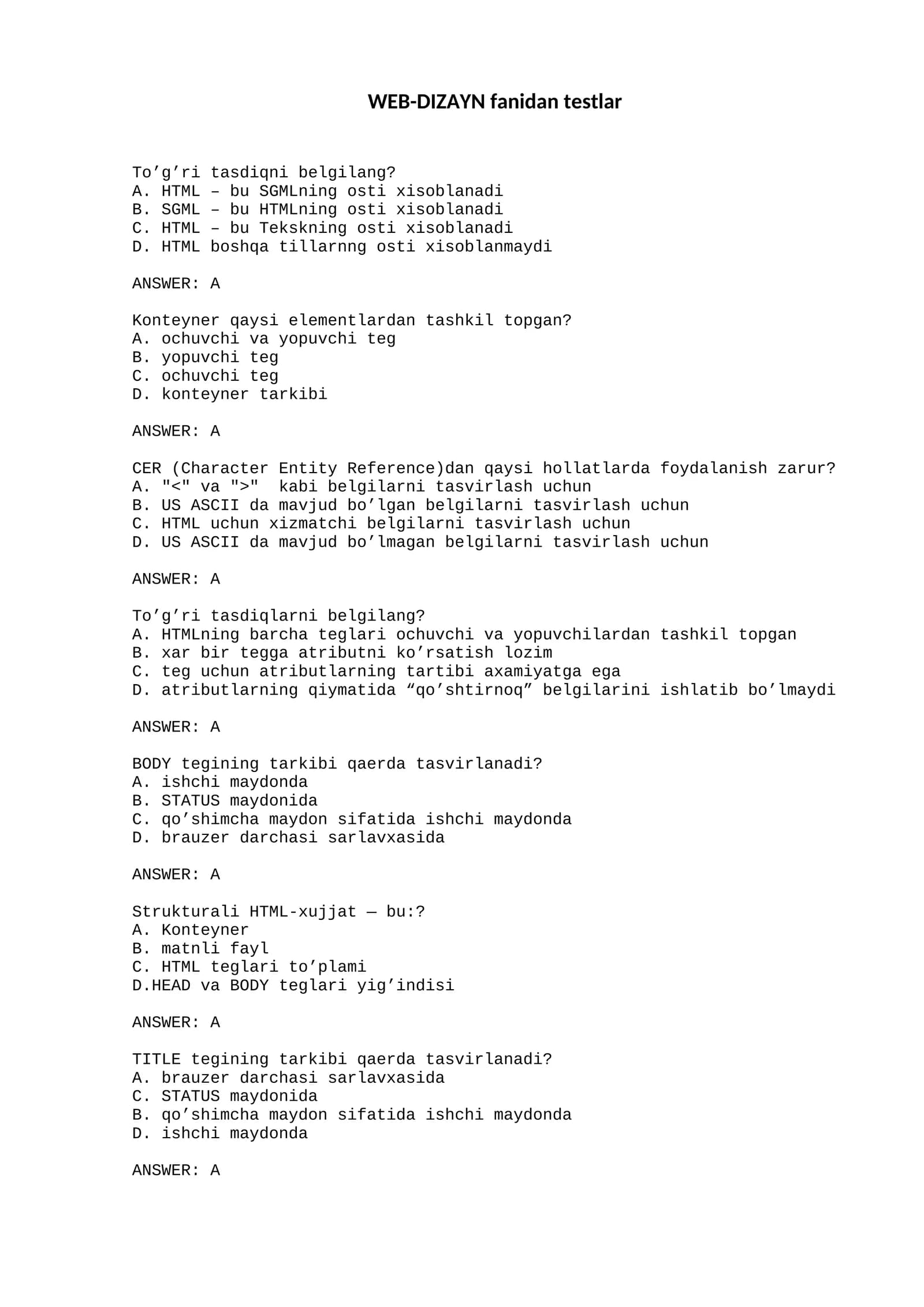 WEB-DIZAYN fanidan testlar